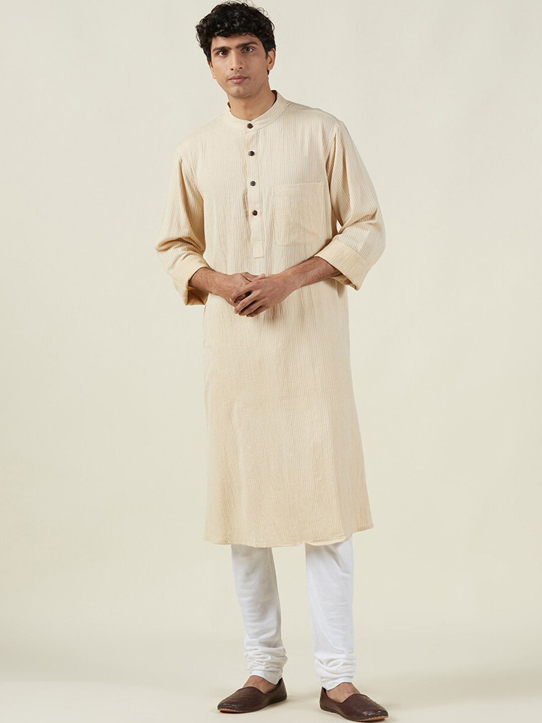 

Fabindia Striped Mandarin Collar Cotton Kurta, Beige