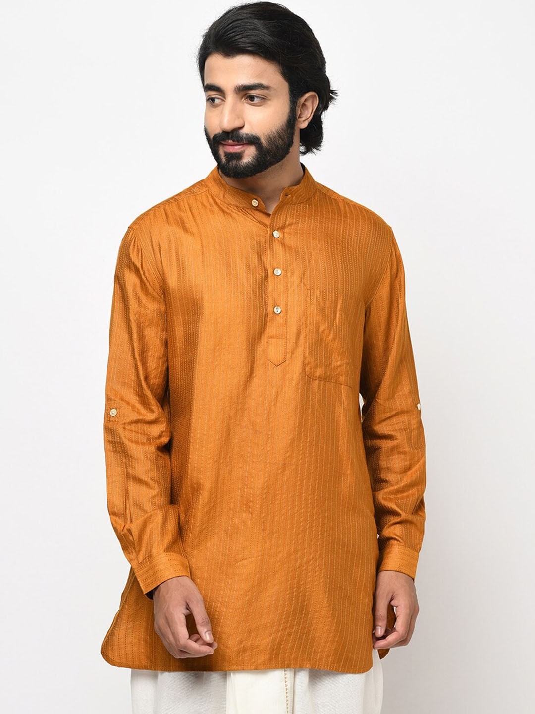 

Fabindia Men Mandarin Collar Long Sleeves Kurta, Mustard