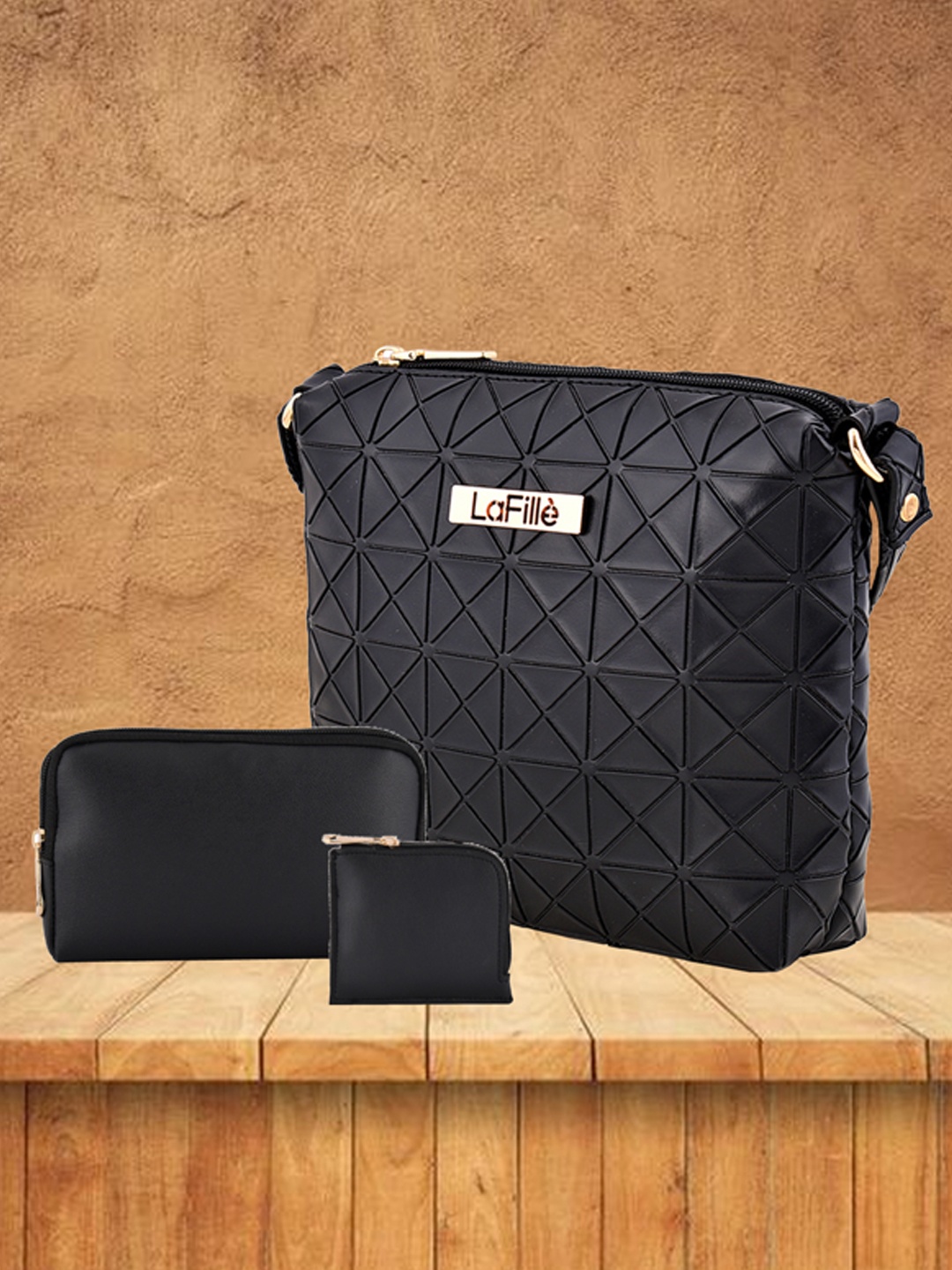 

LaFille Set of 3 Geometric Textured Sling Bag Wallet & Cardholder, Black