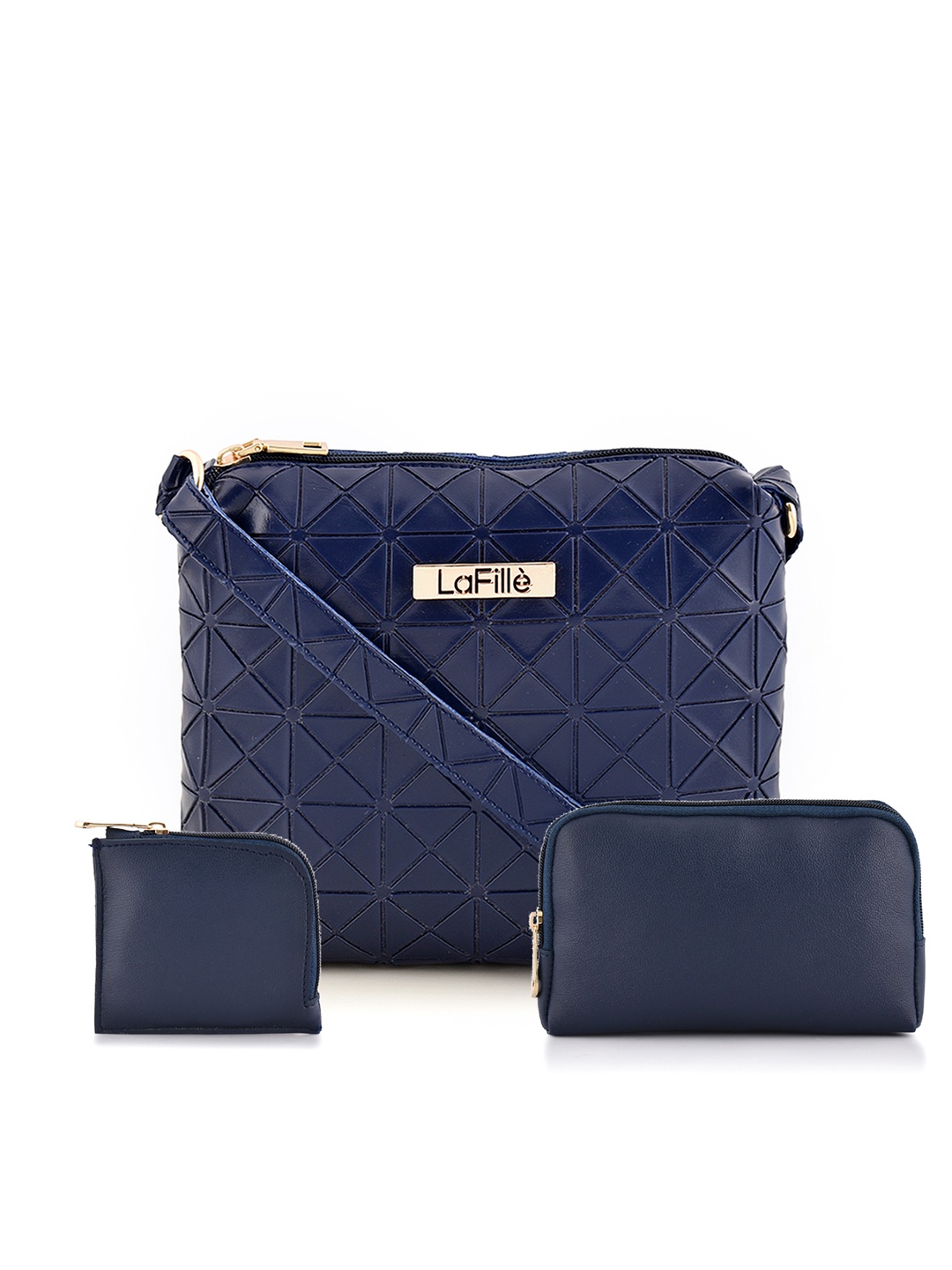 

LaFille Set of 3 Geometric Textured Sling Bag Wallet & Cardholder, Navy blue