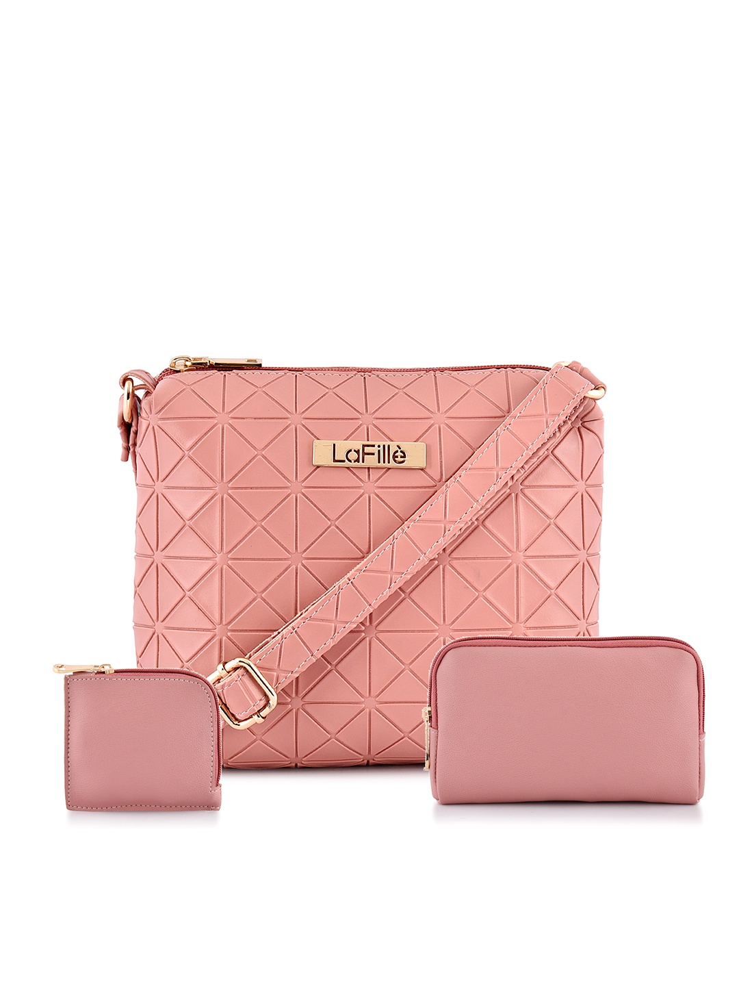 

LaFille Set of 3 Geometric Textured Sling Bag Wallet & Cardholder, Pink