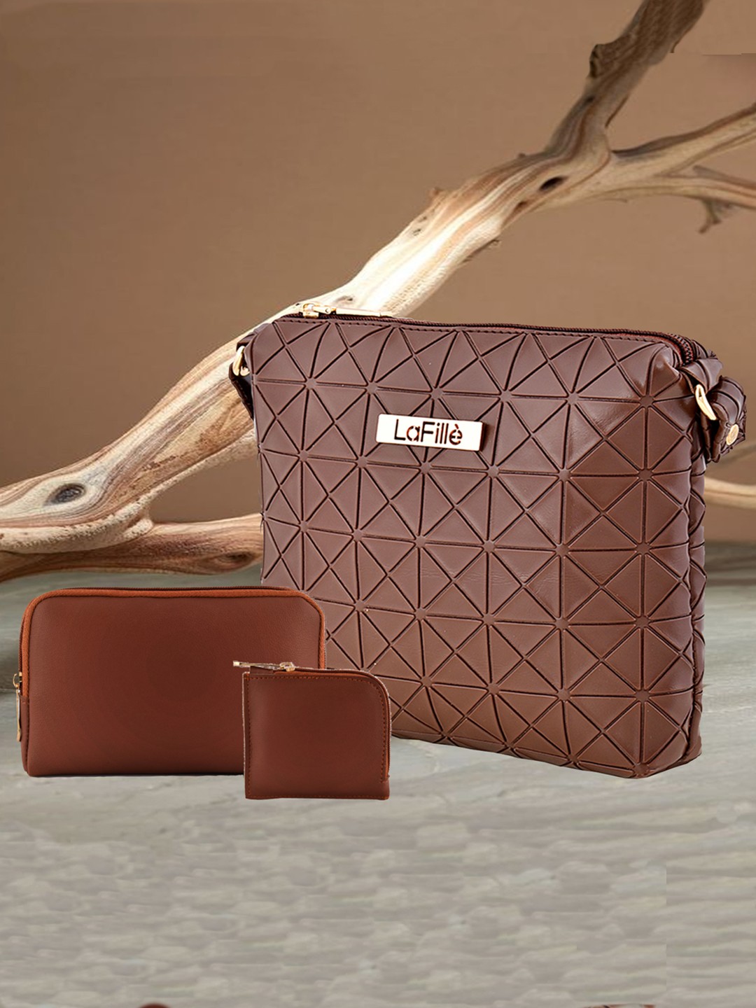 

LaFille Set of 3 Geometric Textured Sling Bag Wallet & Cardholder, Brown
