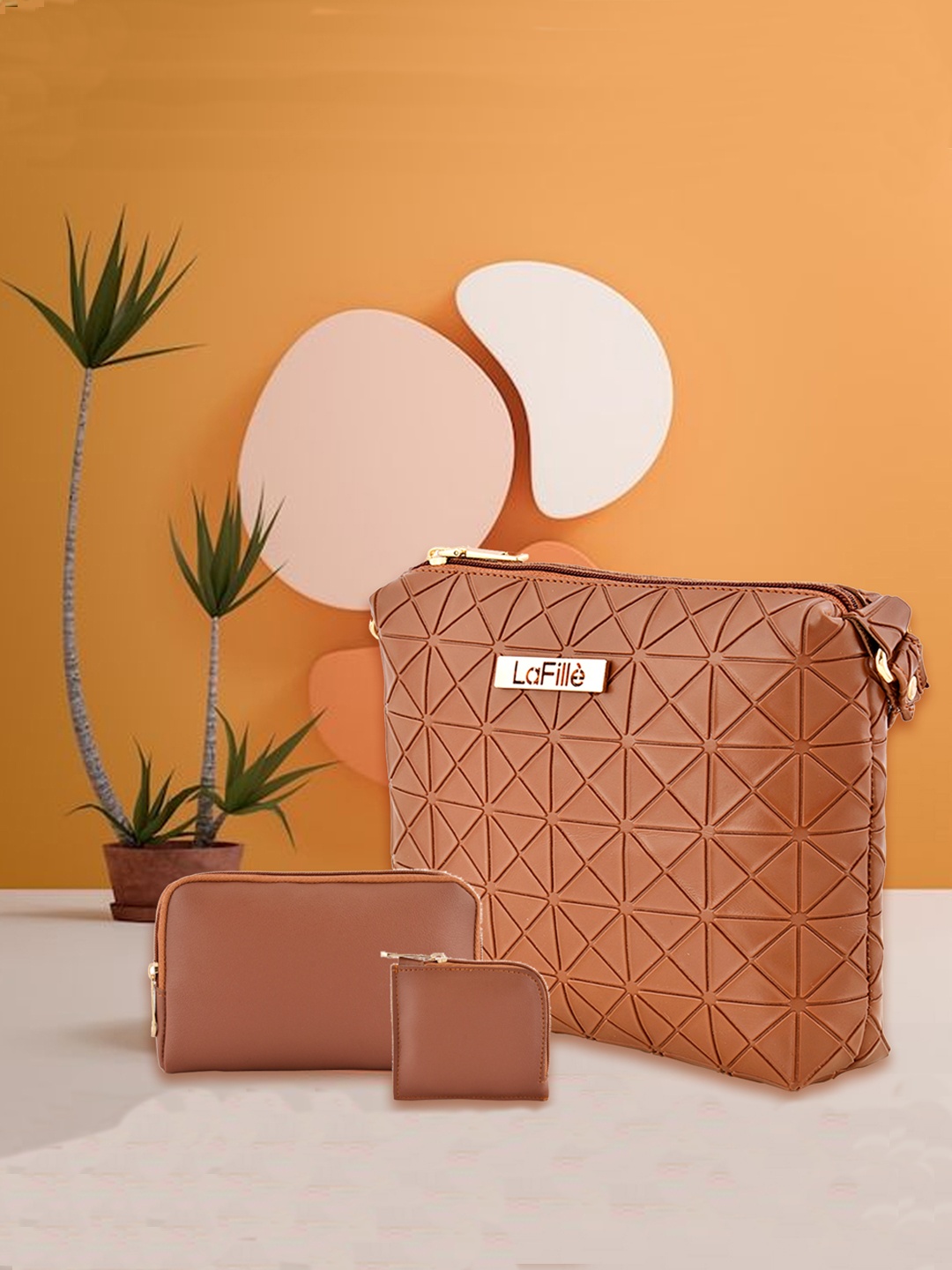 

LaFille Set of 3 Geometric Textured Sling Bag Wallet & Cardholder, Tan