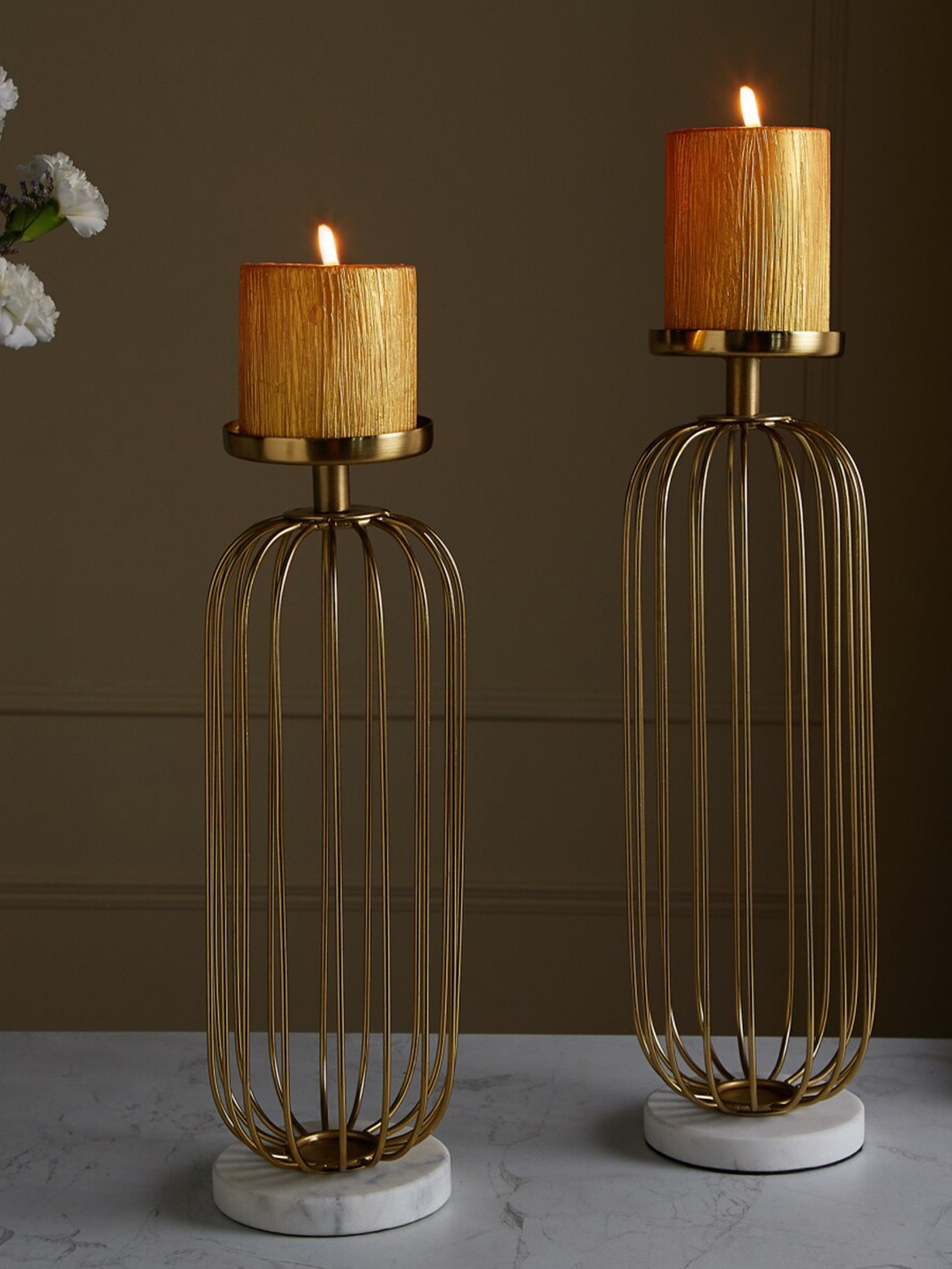 

Home Centre Set Of 2 Marble Base Metal Candle Holder, Gold