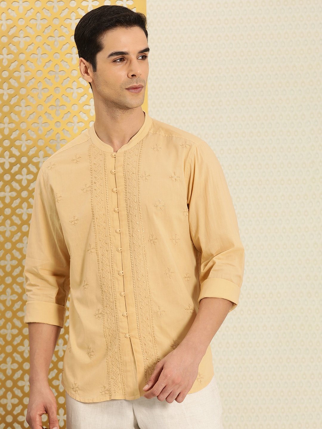 

House of Pataudi Jashn Ethnic Motifs Embroidered Pure Cotton Casual Shirt, Beige