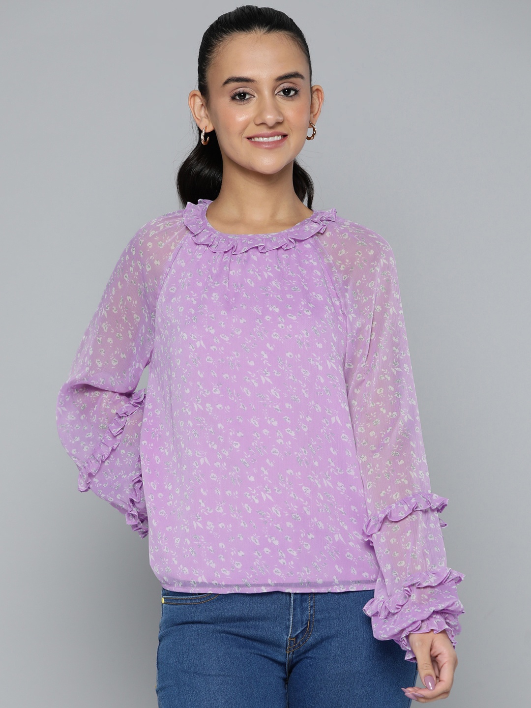 

HERE&NOW Dobby Woven Floral Print Top, Purple