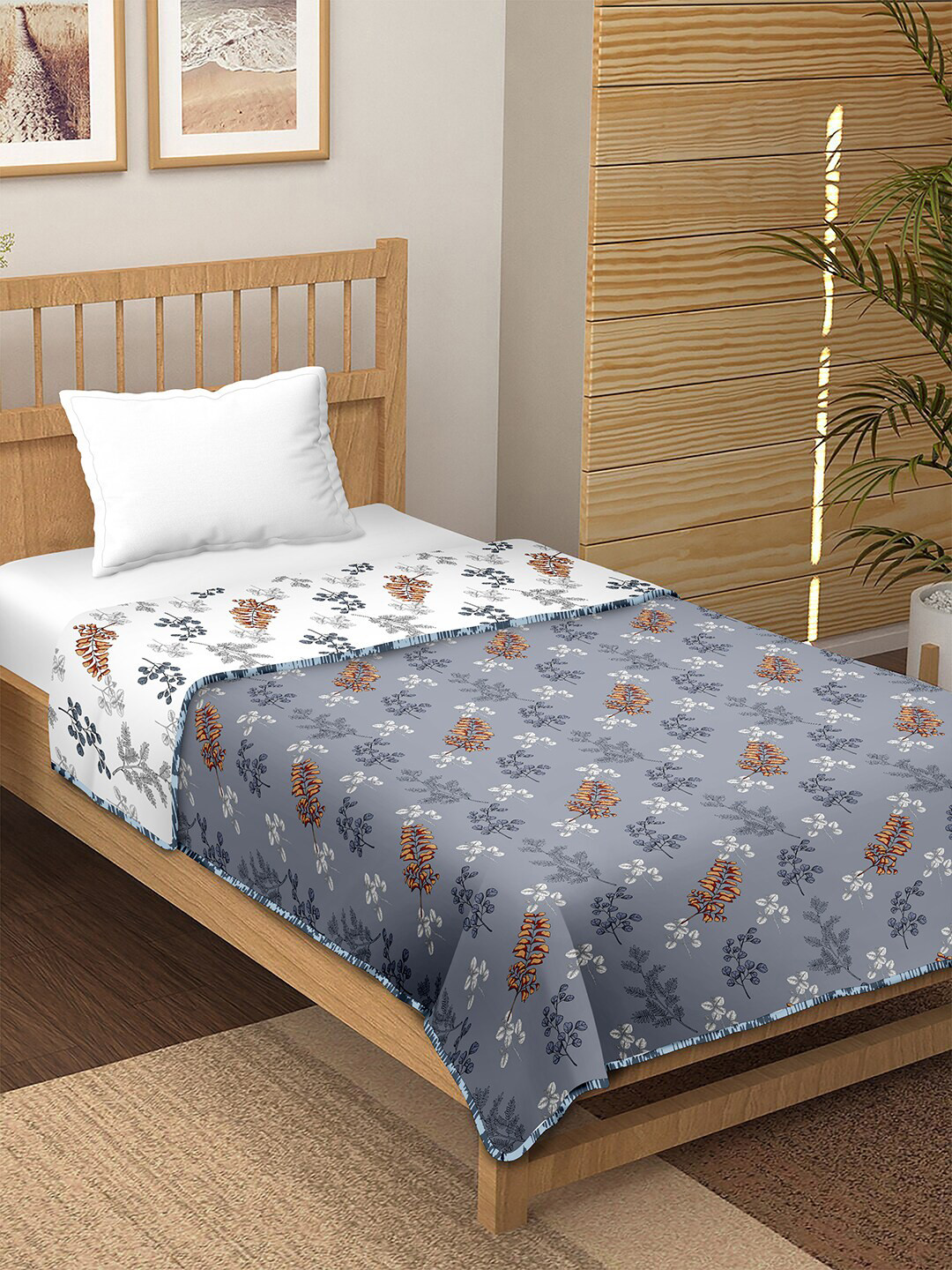

BELLA CASA Grey & White Floral AC Room 150 GSM Soft & Reversible Cotton Single Bed Dohar