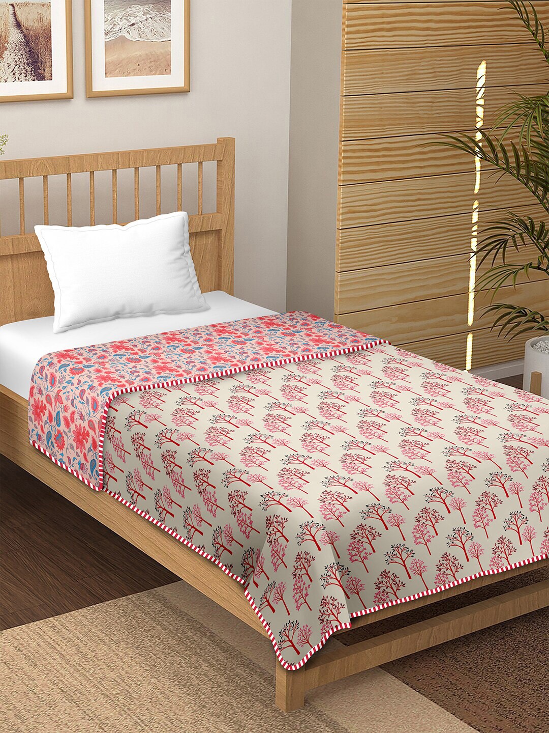 

BELLA CASA Pink & Blue Floral AC Room 150 GSM Soft & Reversible Cotton Single Bed Dohar