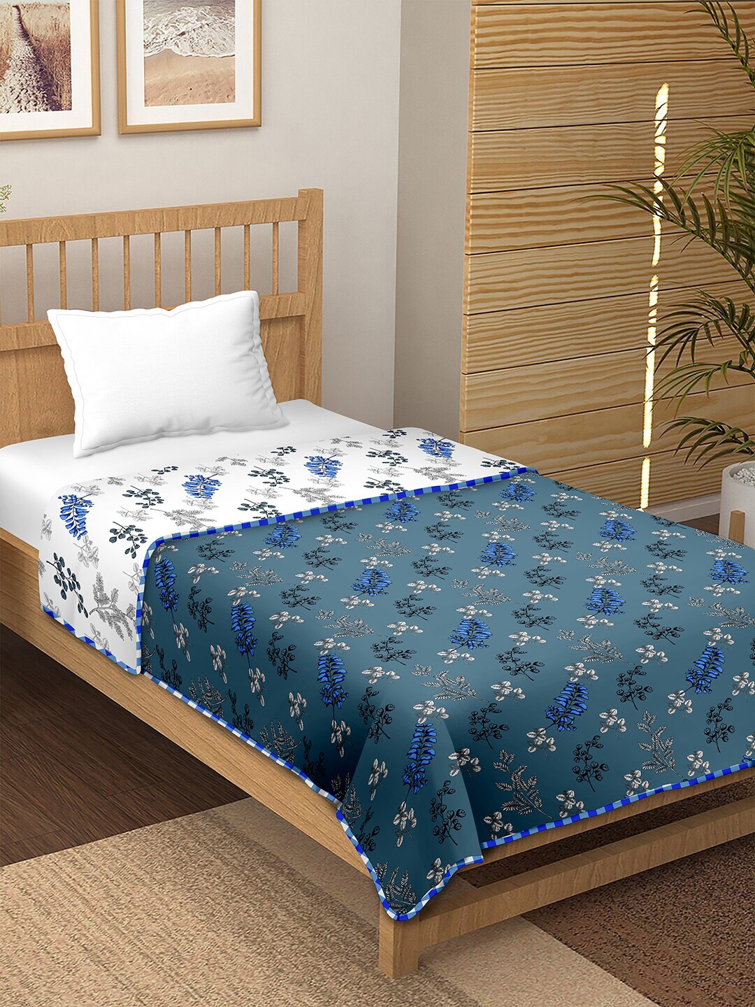 

BELLA CASA Blue & White Floral AC Room 150 GSM Soft & Reversible Cotton Single Bed Dohar