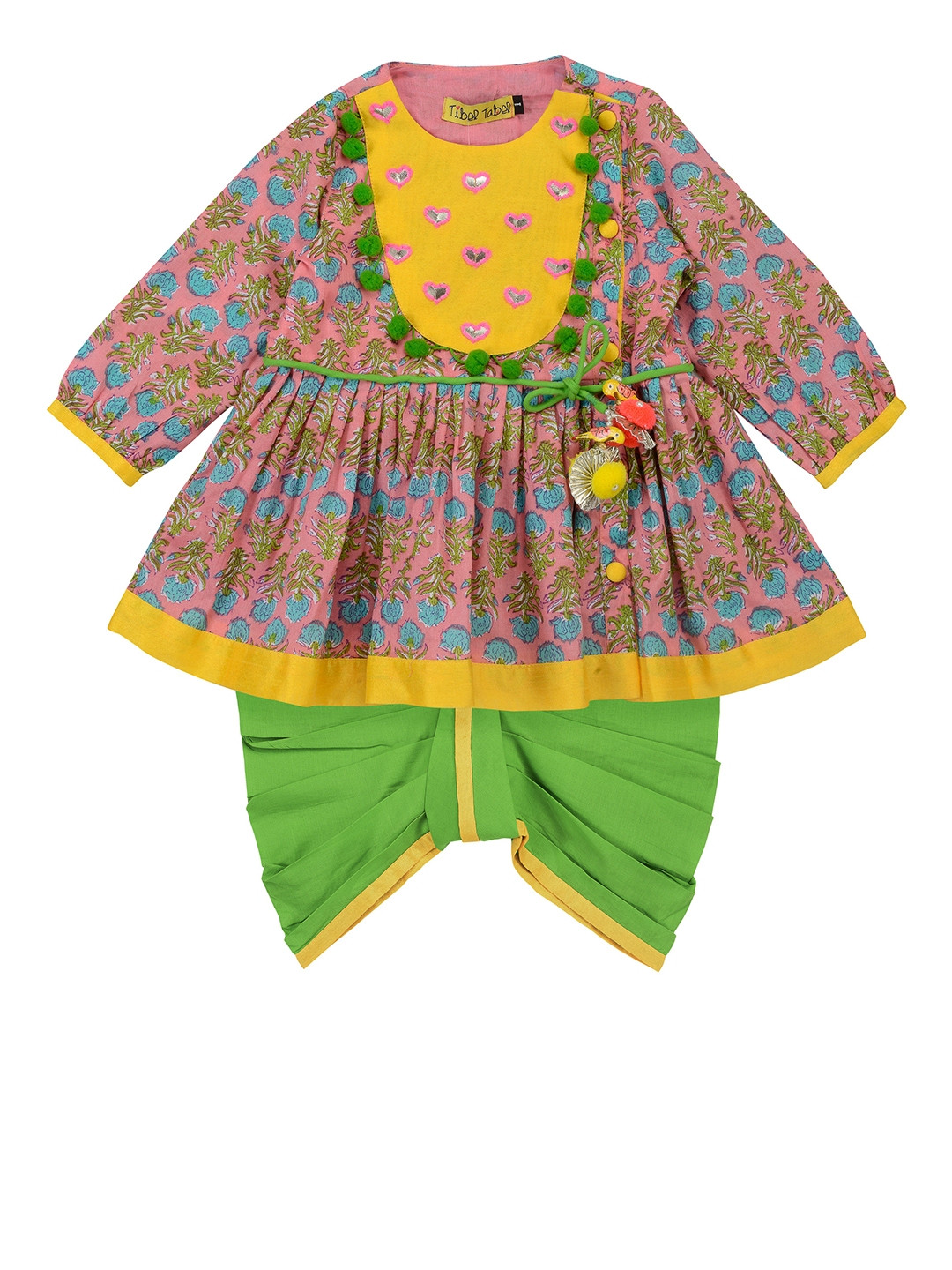 

Tiber Taber Girls Pink & Green Printed Angrakha Anarkali Kurta with Dhoti Pants
