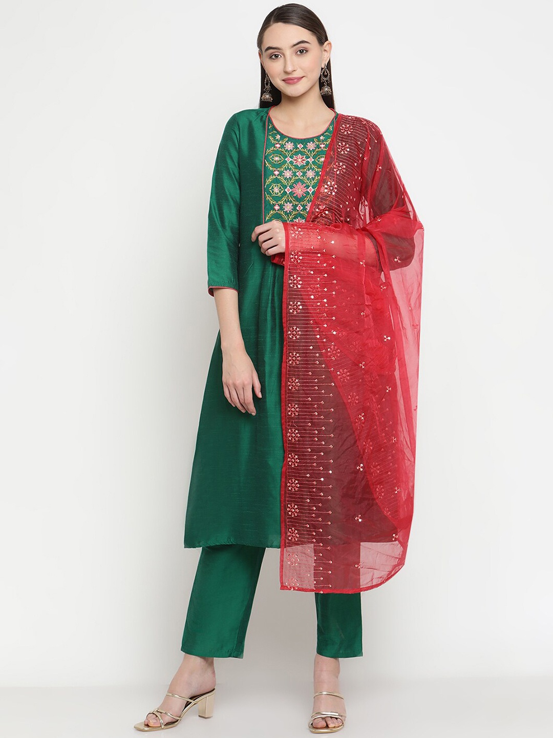 

Be Indi Women Yoke Design Thread Work Dupion Silk Kurta with Trouser & Dupatta Set, Green