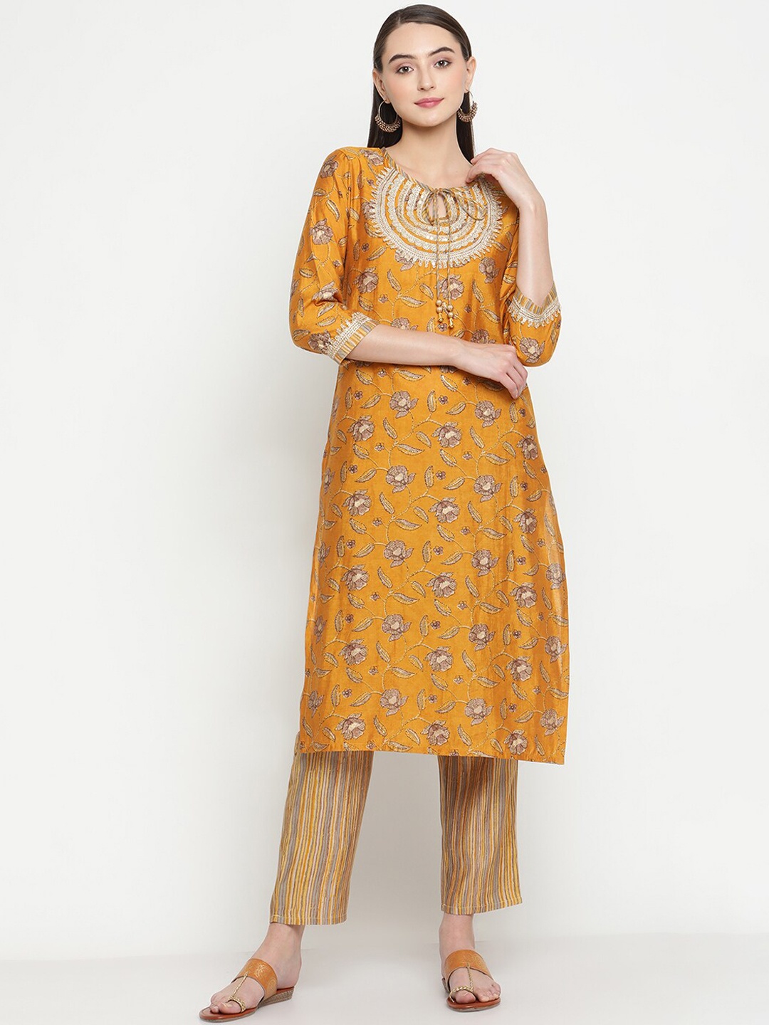 

Be Indi Women Floral Printed A-Line Kurta Set with Trouser, Mustard