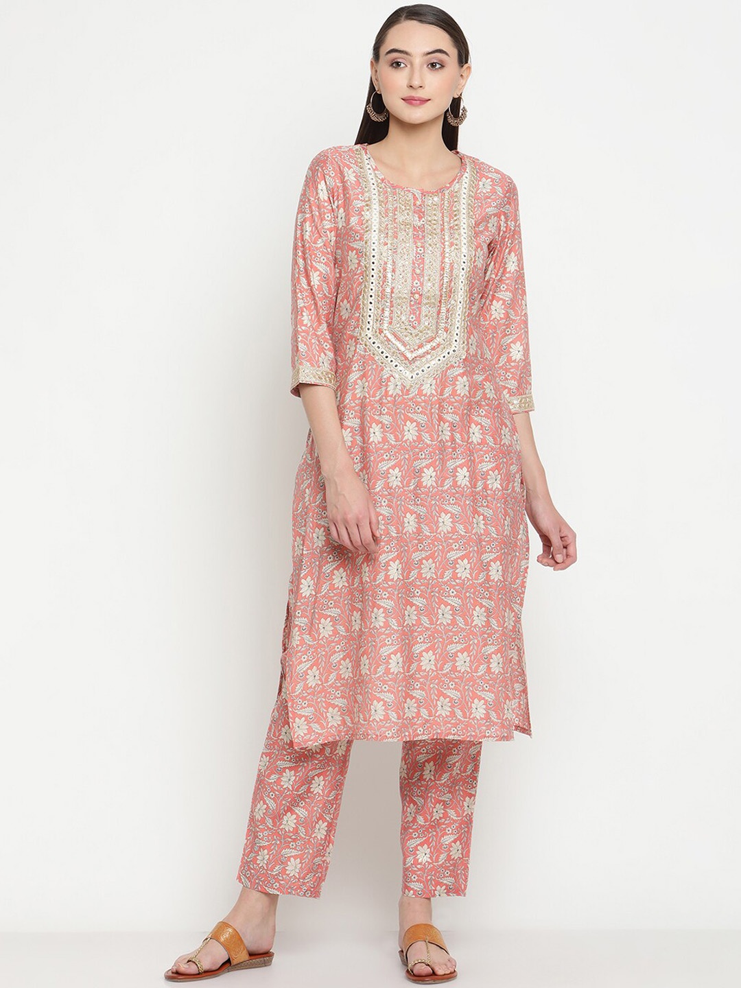 

Be Indi Women Floral Printed Straight Kurta with Trousers Set, Peach