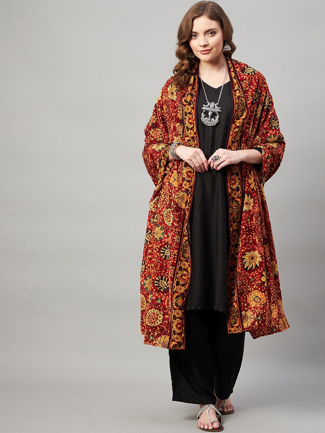 

InWeave Women Rust Printed Border Velvet Shawl