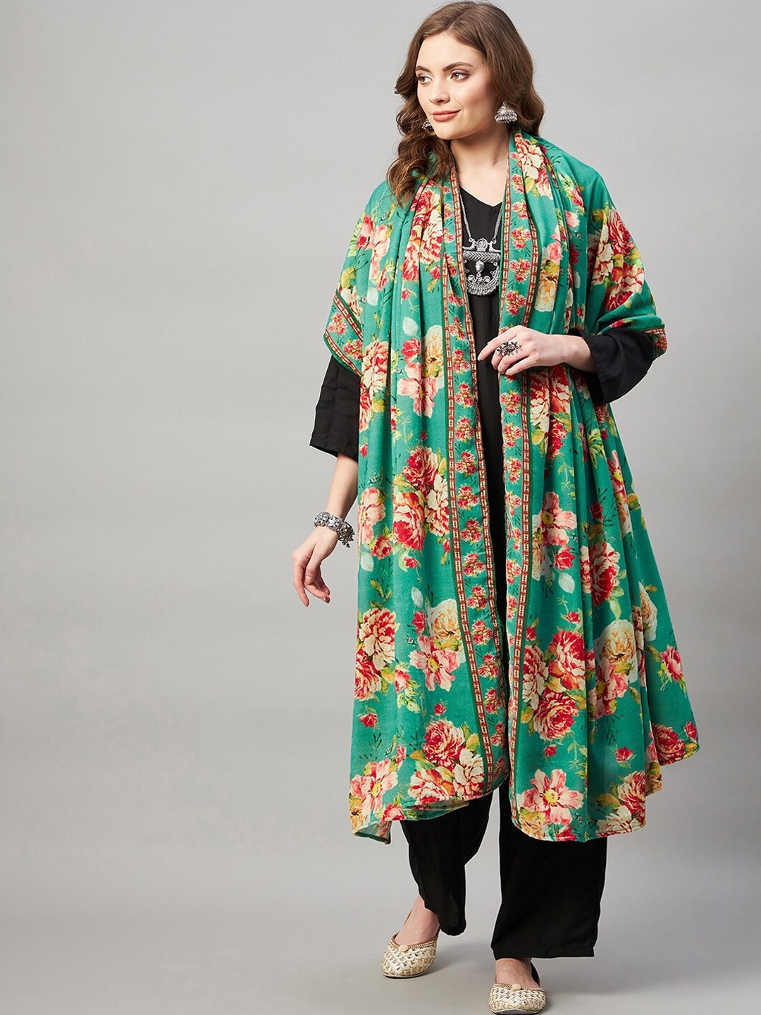 

InWeave Women Green Printed Velvet Shawl, Teal