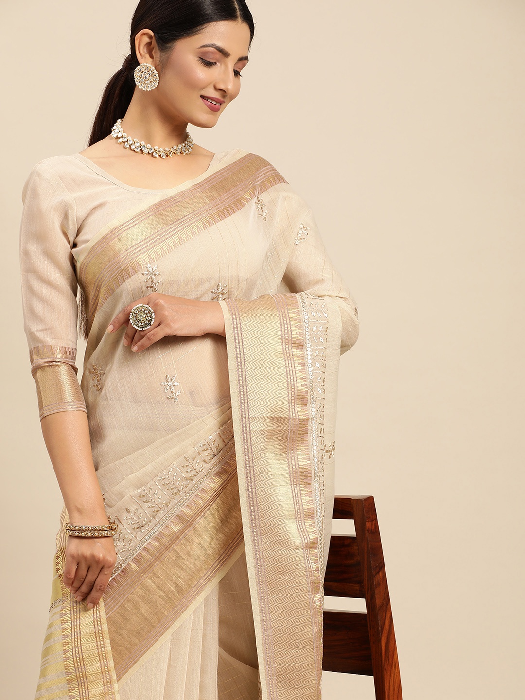 

Mitera Beige Floral Sequinned Pure Linen Saree