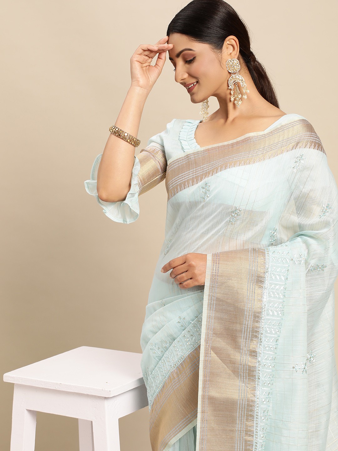 

Mitera Turquoise Blue & Beige Floral Sequinned Pure Linen Saree