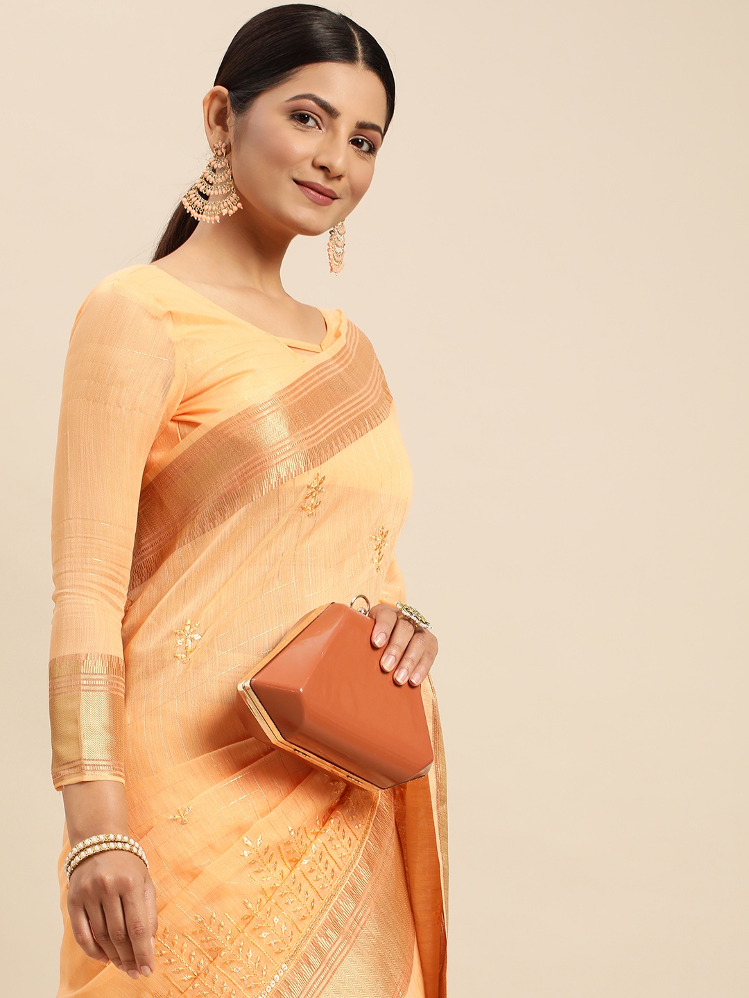 

Mitera Peach-Coloured Floral Sequinned Pure Linen Saree