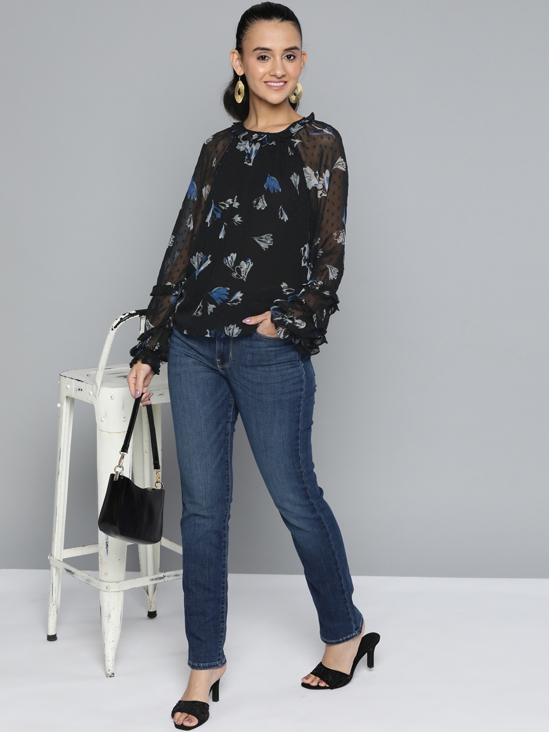 

HERE&NOW Dobby Woven Floral Print Top, Black