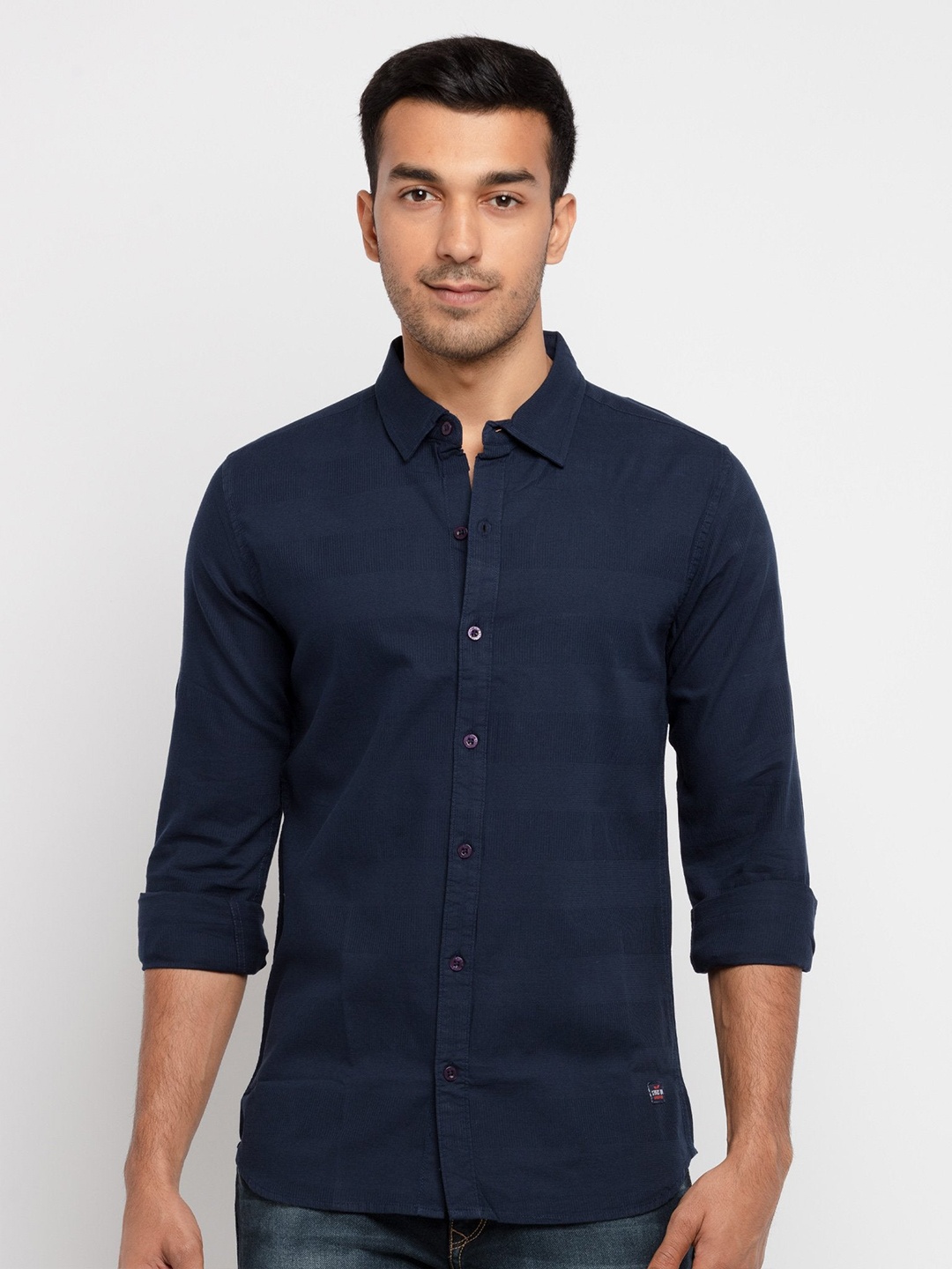 

Status Quo Men Standard Slim Fit Horizontal Striped Cotton Casual Shirt, Navy blue