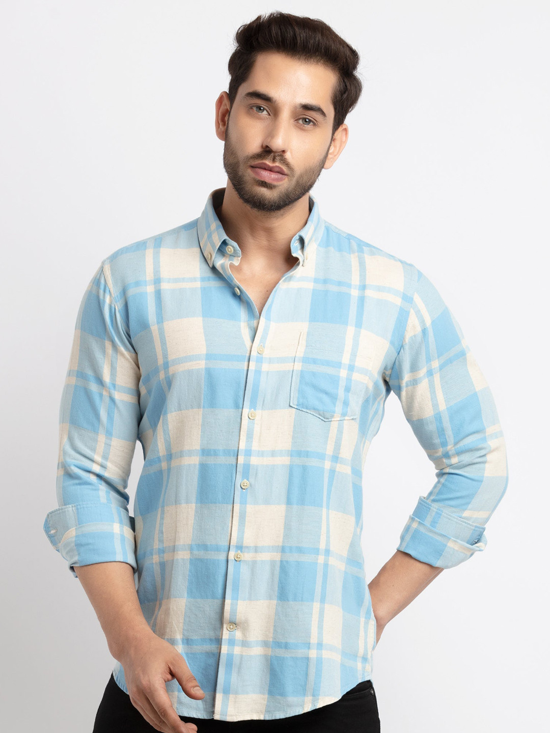 

Status Quo Men Standard Slim Fit Checked Cotton Casual Shirt, Blue