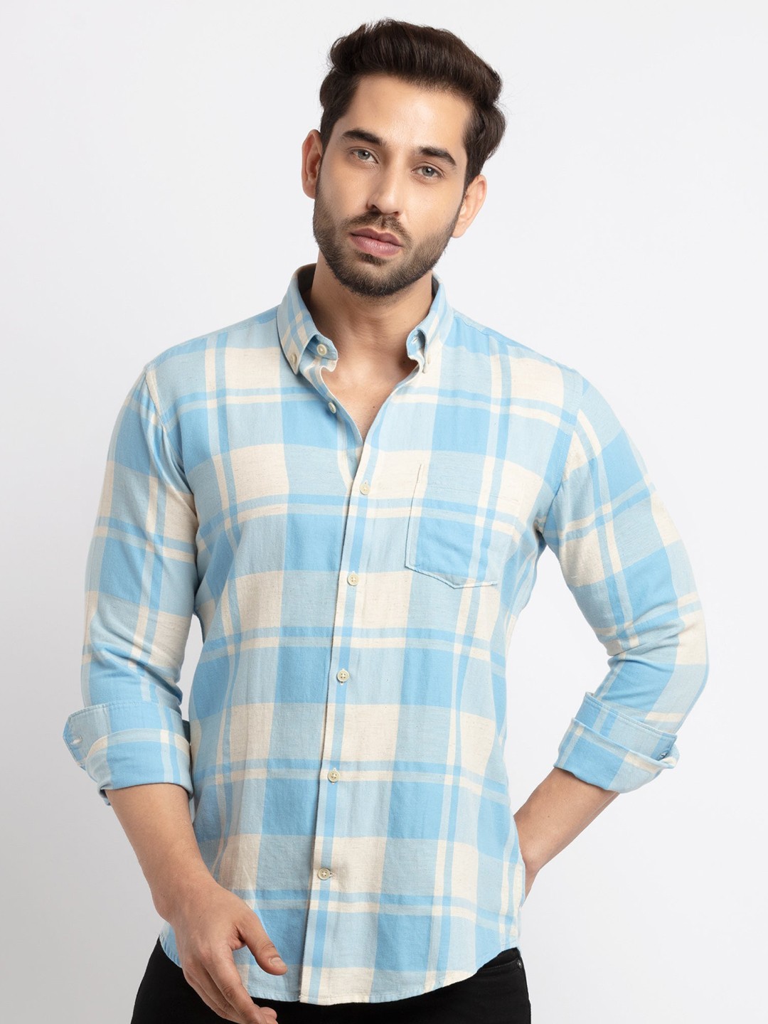 

Status Quo Men Standard Slim Fit Checked Cotton Casual Shirt, Blue