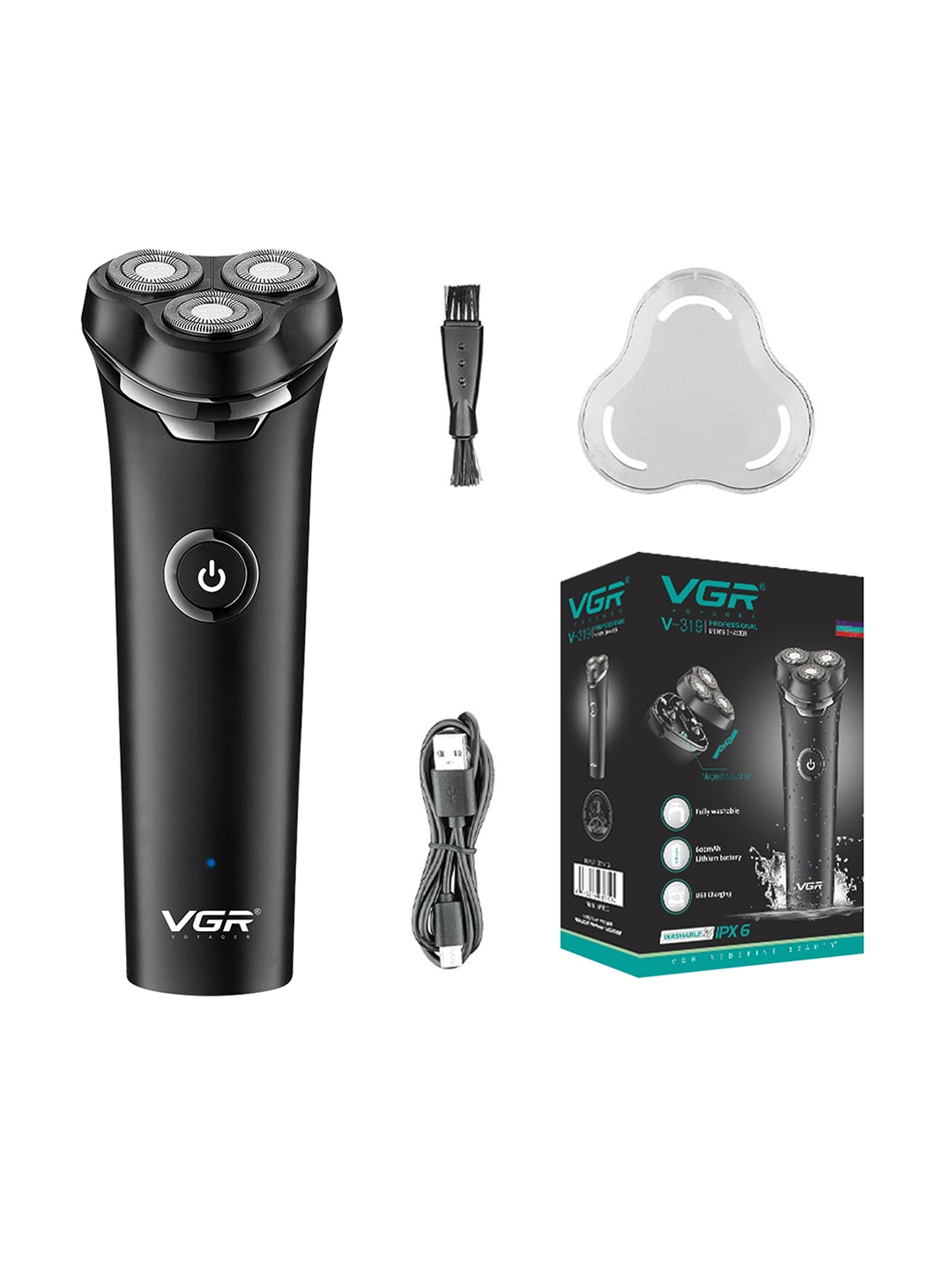 

VGR V-319 Cordless Rechargeable IPX6 Fully Waterproof 3 Head Electric Shaver, Black