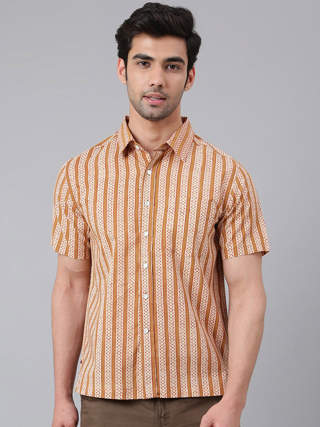 

Fabindia Men Comfort Striped Cotton Casual Shirt, Mustard