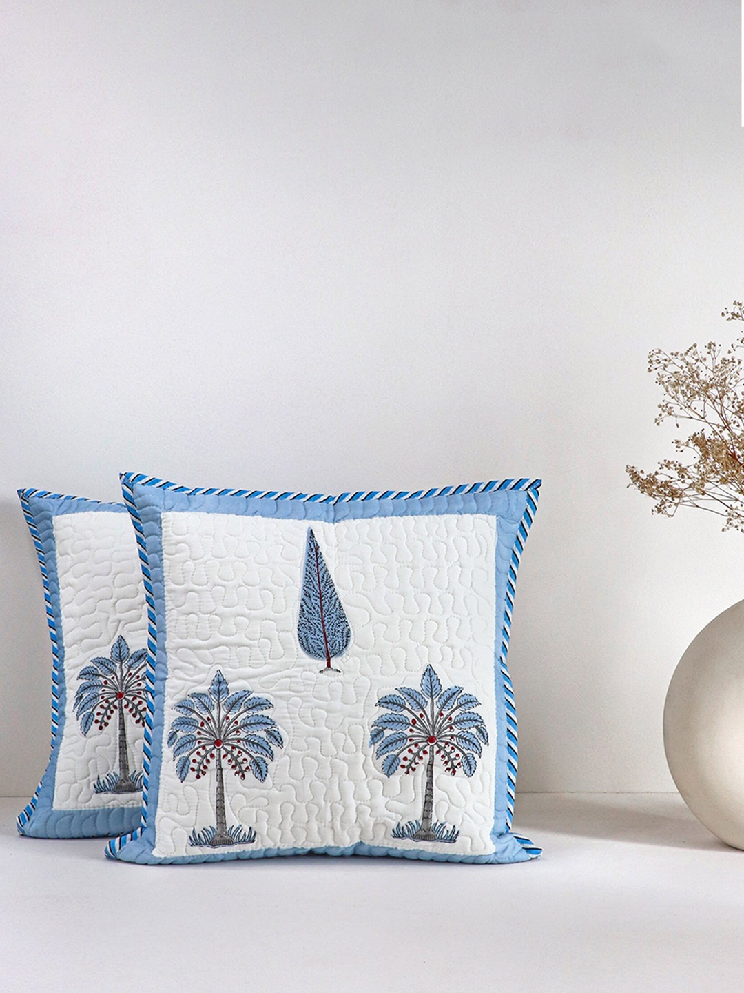 

HOMEMONDE Blue & White Set of 2 Quirky Square Cotton Cushion Covers