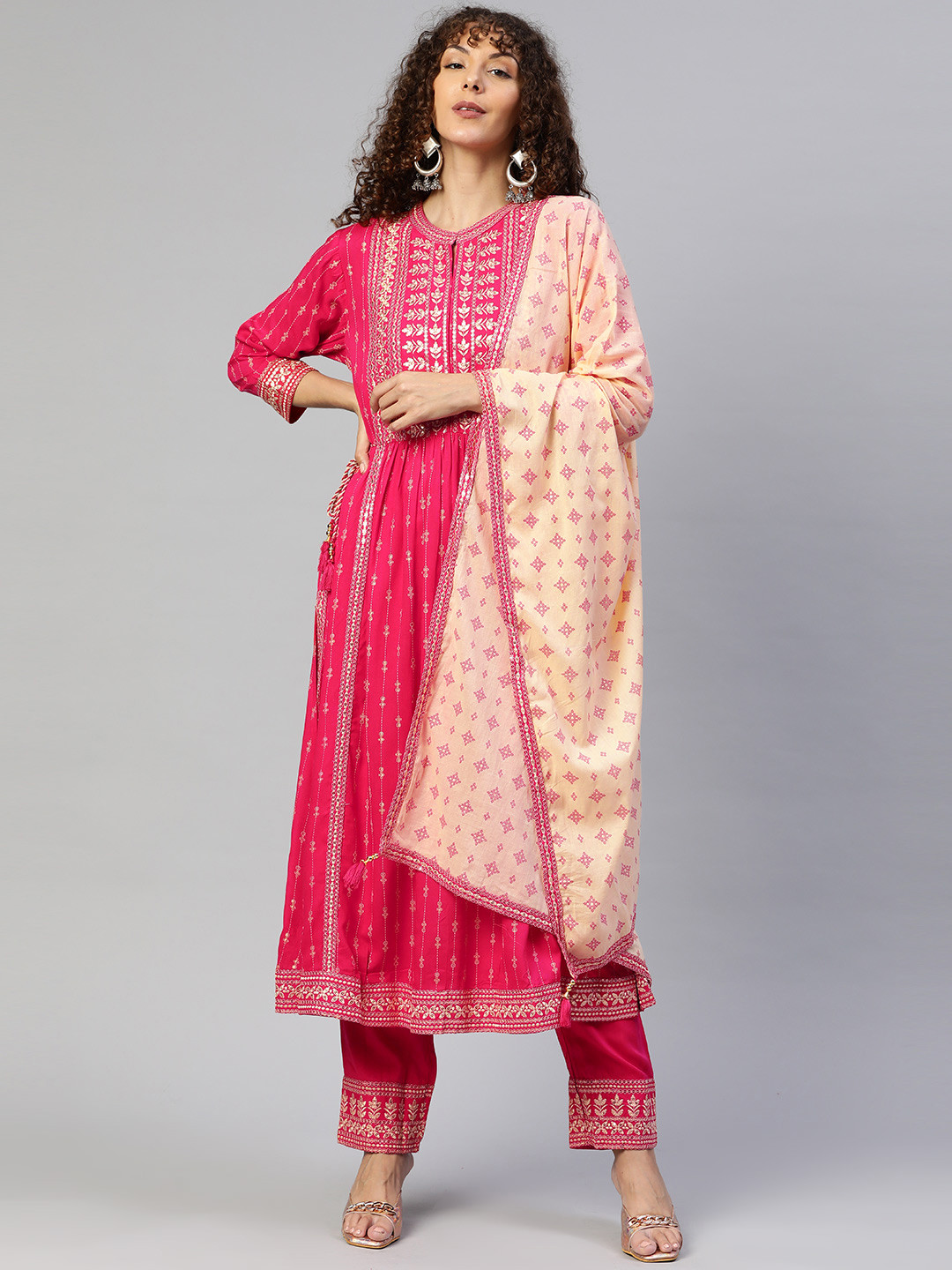 

ZOLA Women Ethnic Motifs Embroidered Thread Work Kurta With Trousers & With Dupatta, Pink