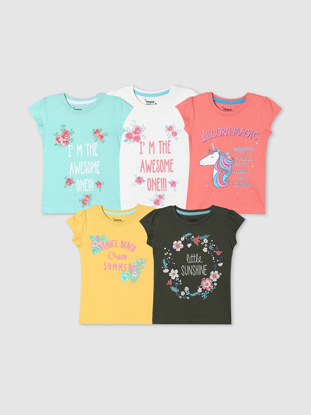 

max Girls Pack of 5 Printed Cotton T-shirt, Blue