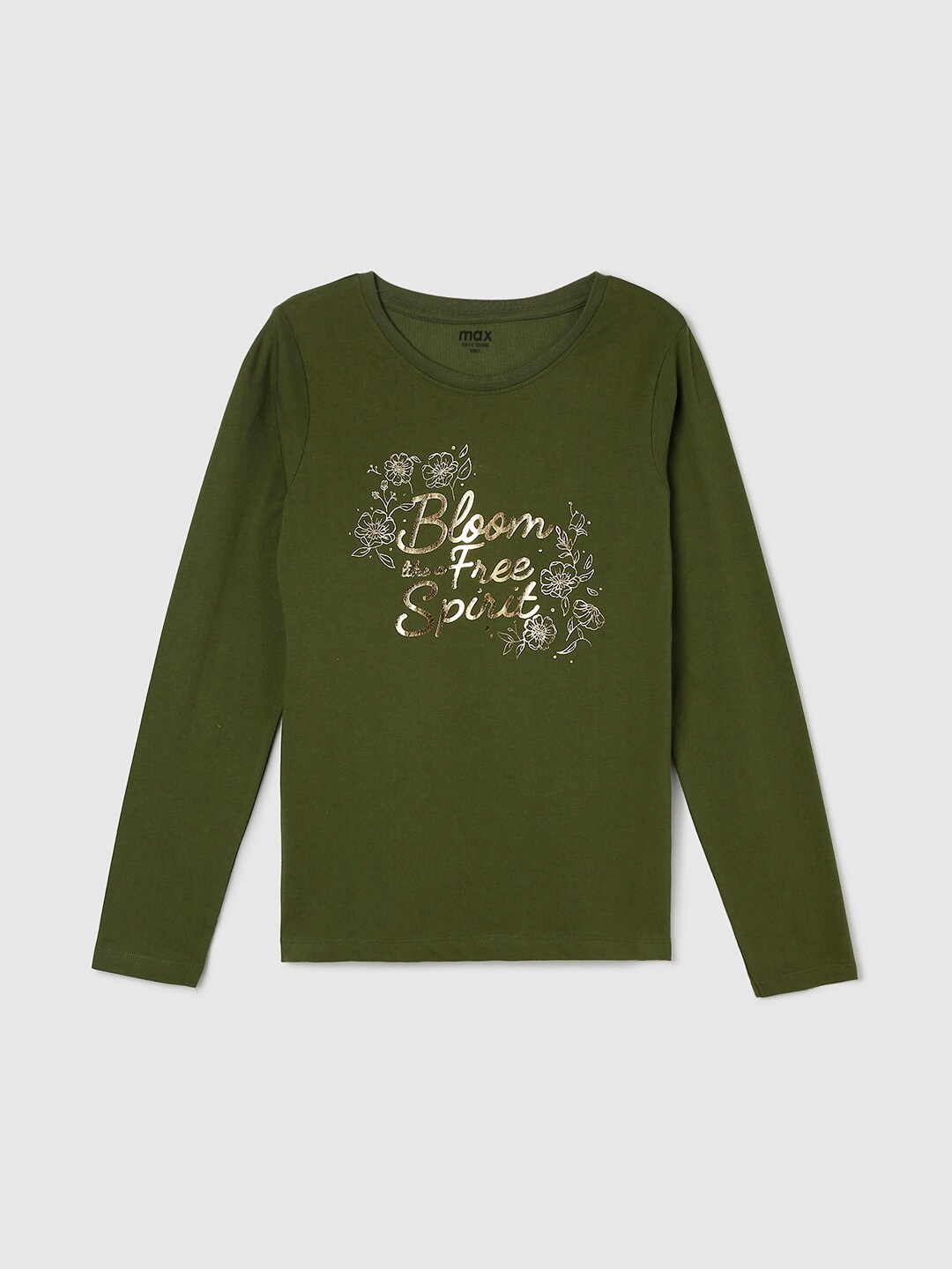 

max Girls Typography Printed Cotton T-shirt, Olive