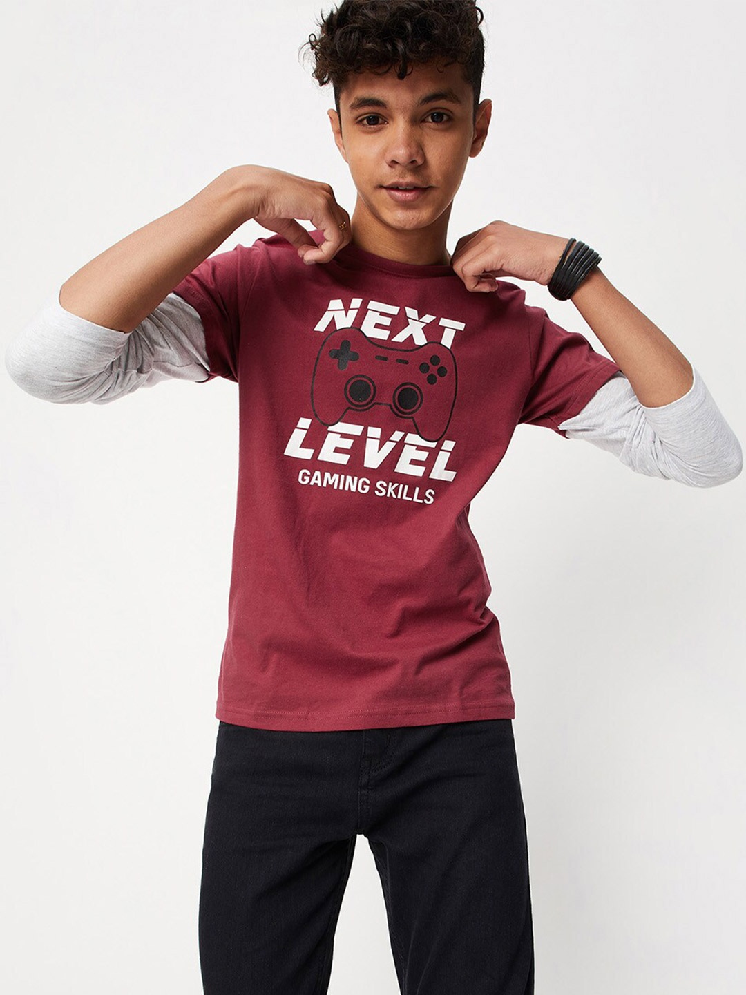 

max Boys Typography Printed Cotton T-shirt, Burgundy
