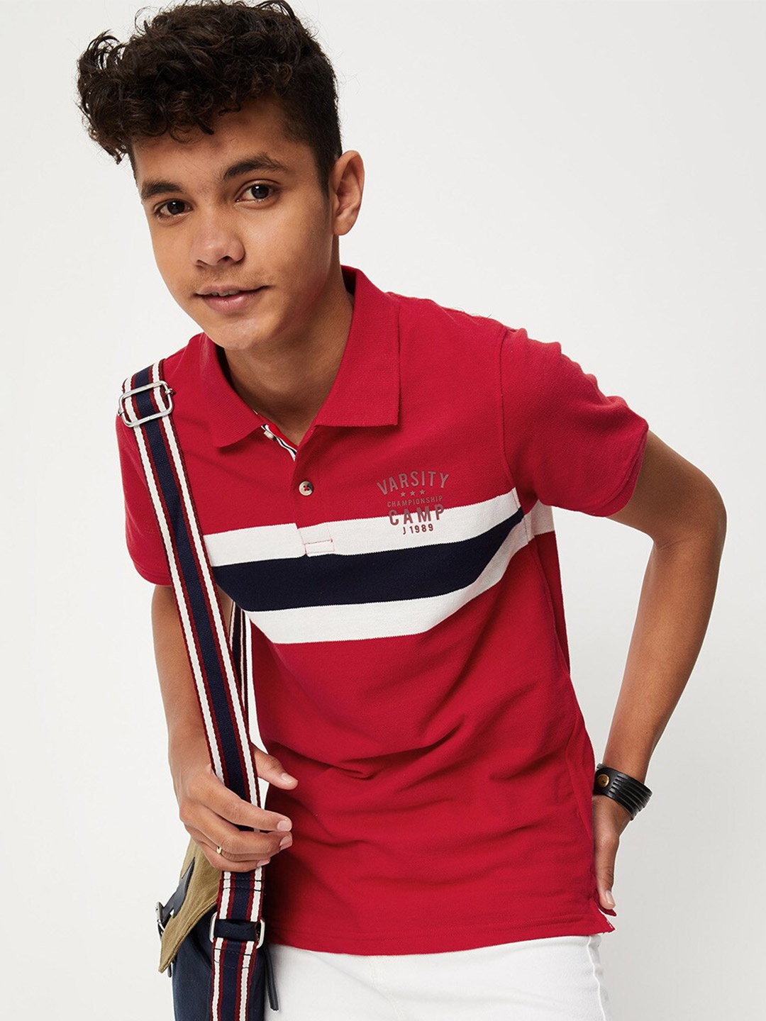 

max Boys Striped Polo Collar Cotton T-shirt, Red