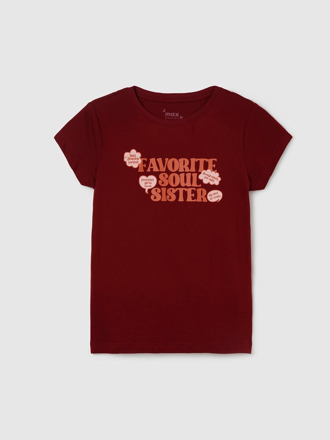 

max Girls Typography Printed Cotton T-shirt, Burgundy