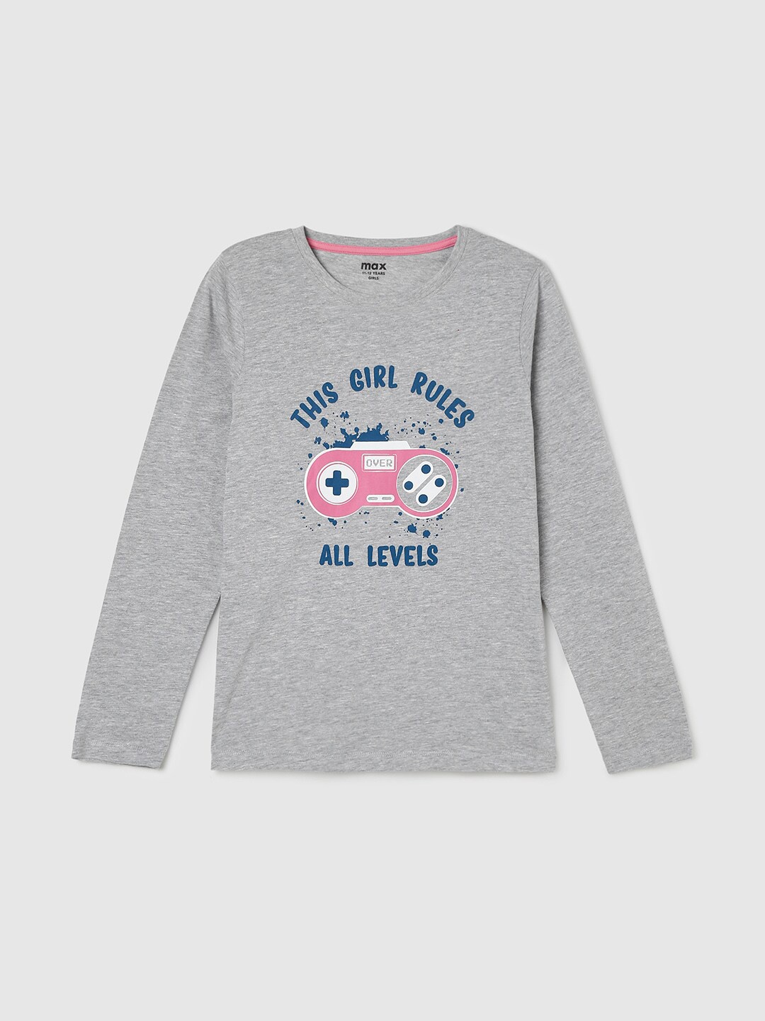 

max Girls Typography Printed Cotton T-shirt, Grey