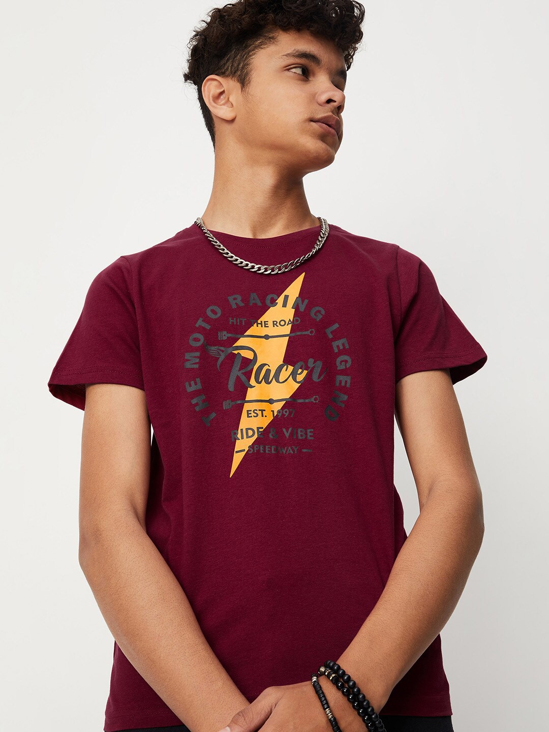 

max Boys Printed Cotton T-shirt, Maroon