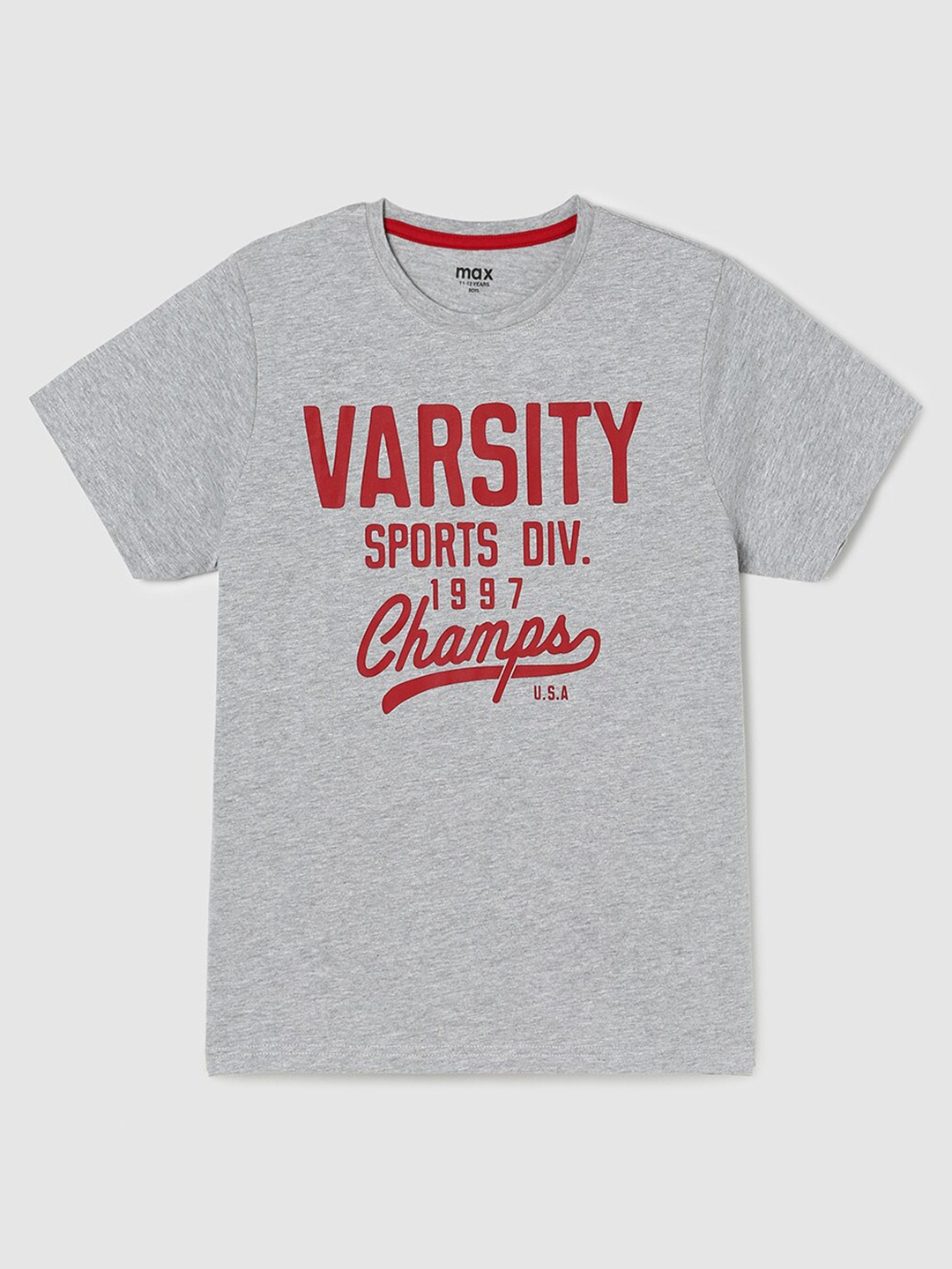

max Boys Typography Printed Cotton T-shirt, Grey