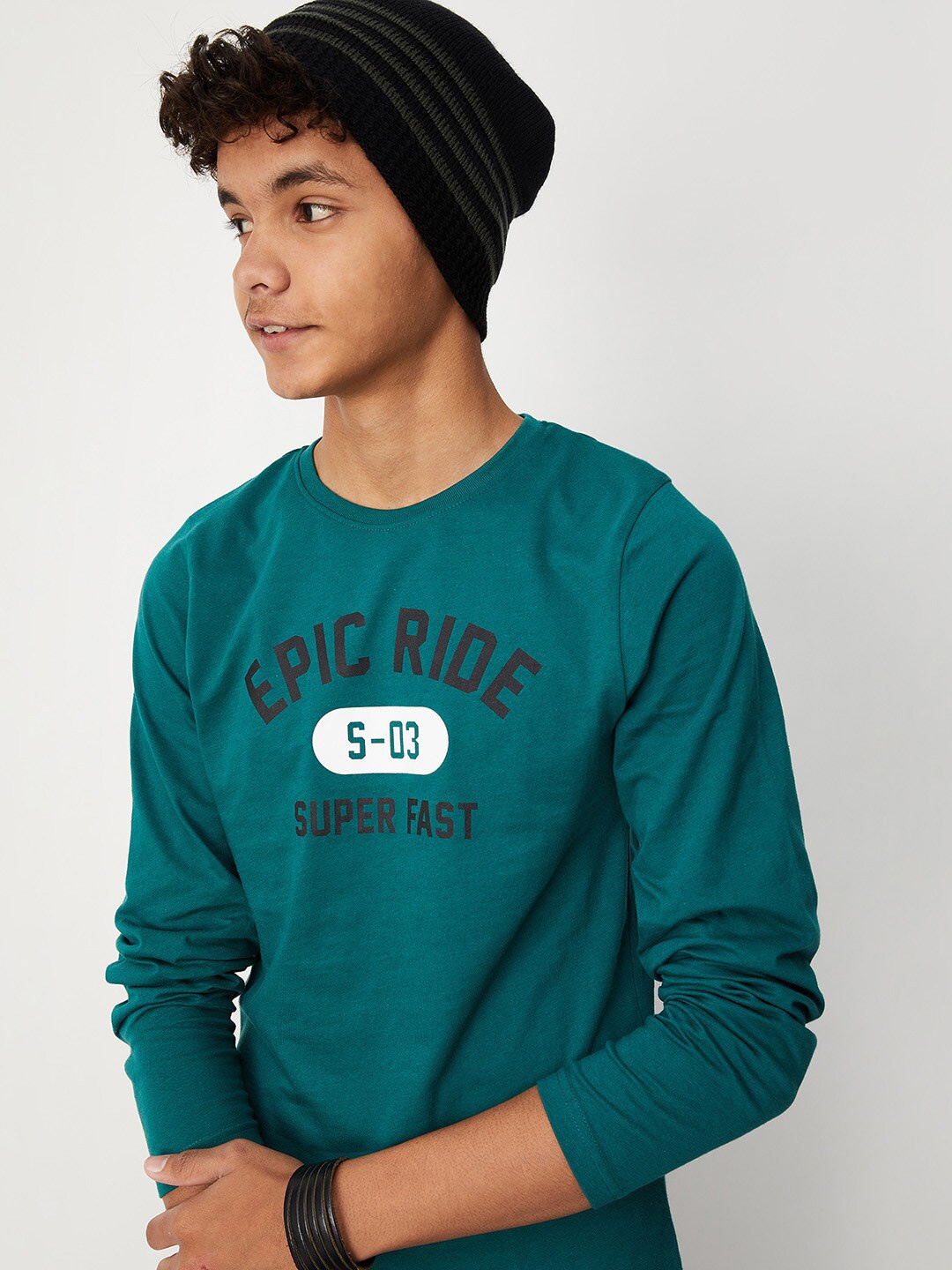 

max Boys Typography Pure Cotton Printed T-shirt, Green