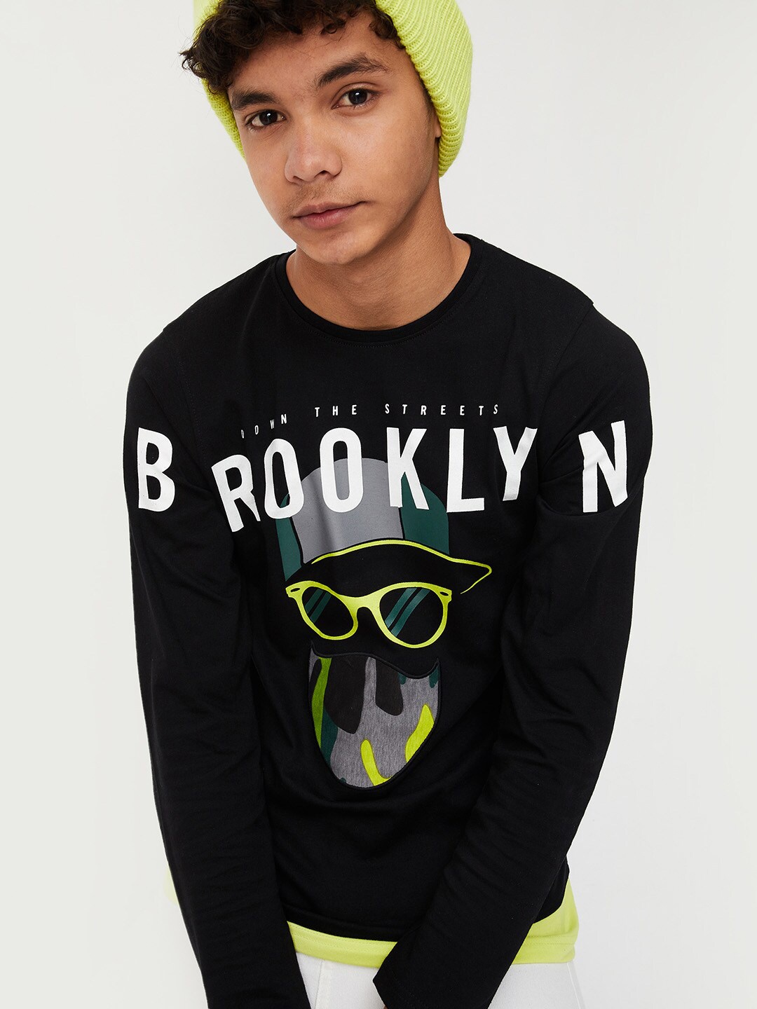 

max Boys Typography Printed Cotton T-shirt, Black