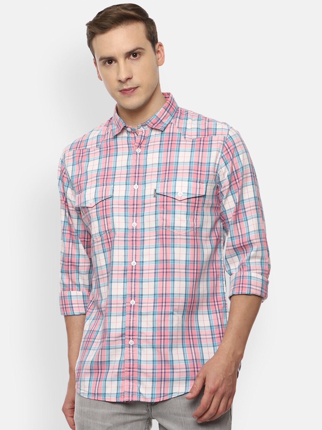 

Louis Philippe Jeans Men Slim Fit Tartan Checks Checked Cotton Casual Shirt, Pink