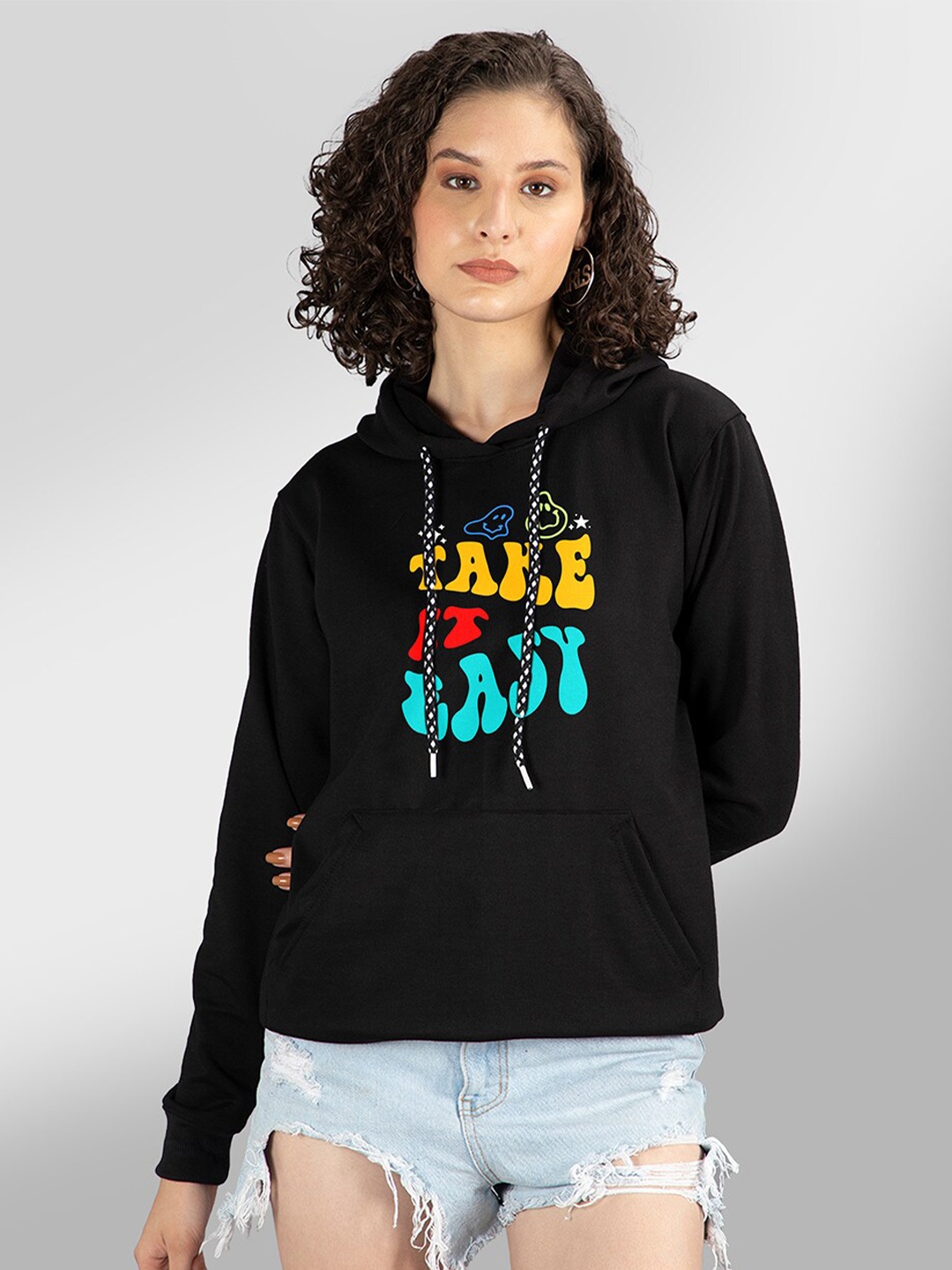 

Mad Over Print Women Black Printed Hooded Sweatshirt