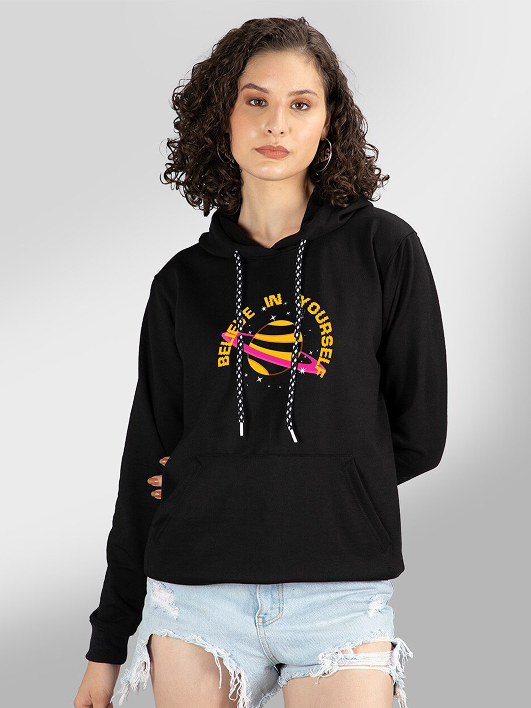

Mad Over Print Women Black Printed Hooded Sweatshirt