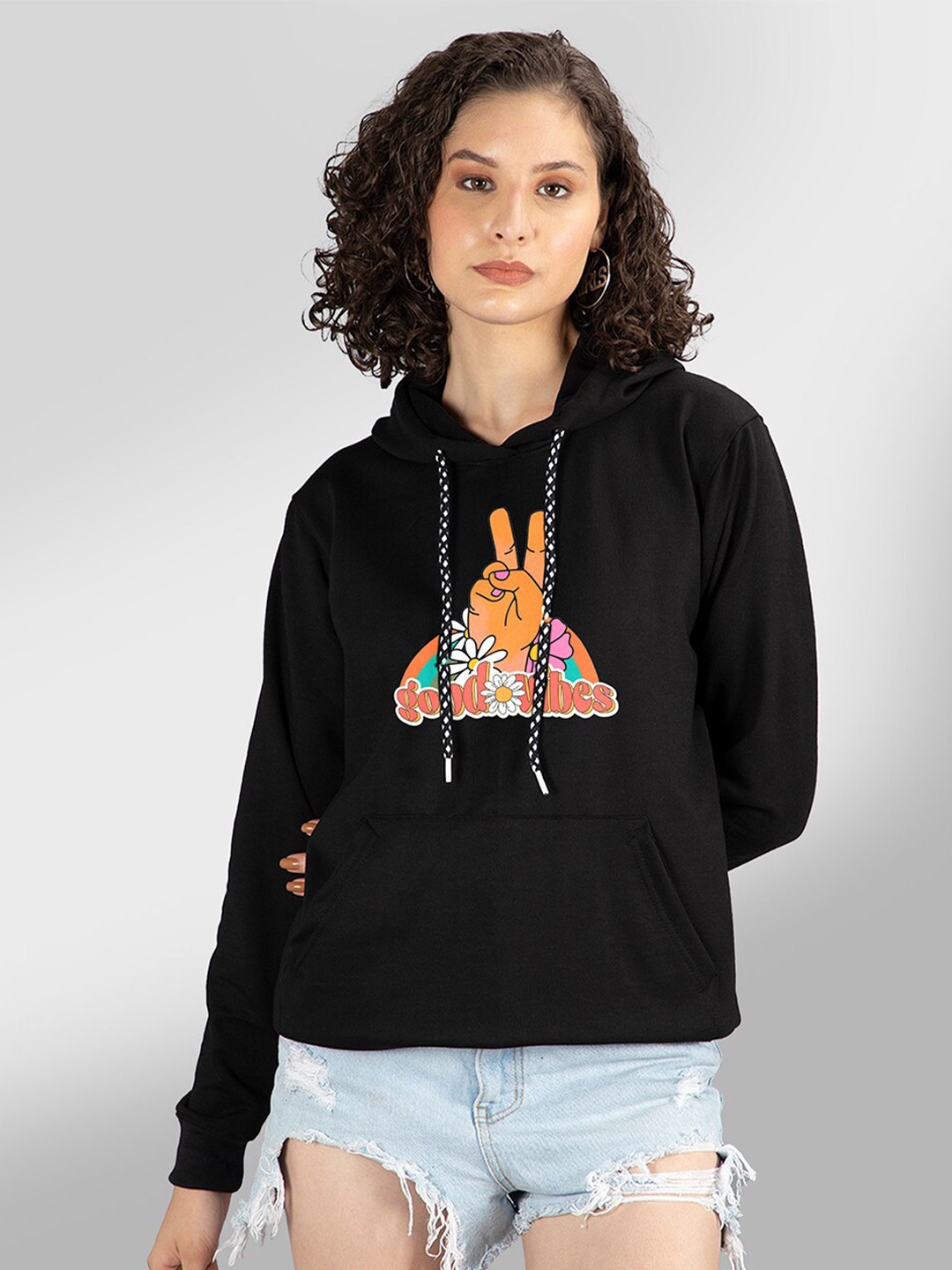 

Mad Over Print Women Black Printed Hooded Sweatshirt