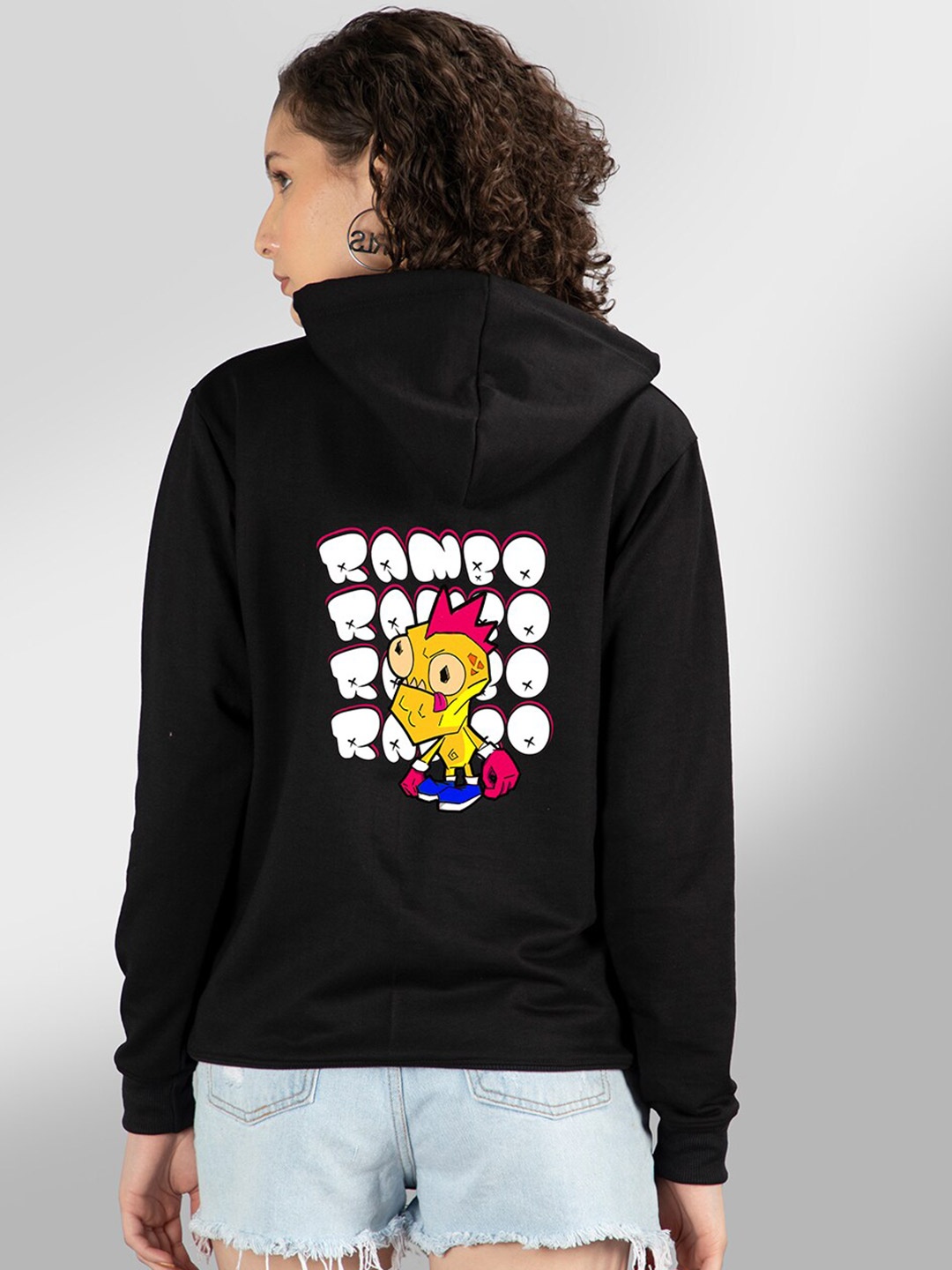 

Mad Over Print Women Black Printed Hooded Sweatshirt