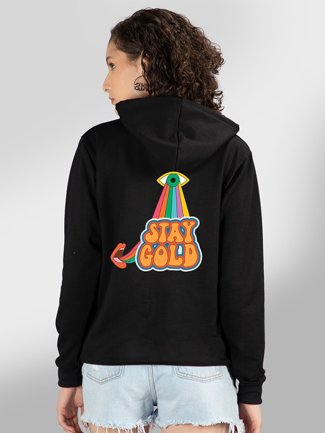 

Mad Over Print Women Black Printed Hooded Sweatshirt