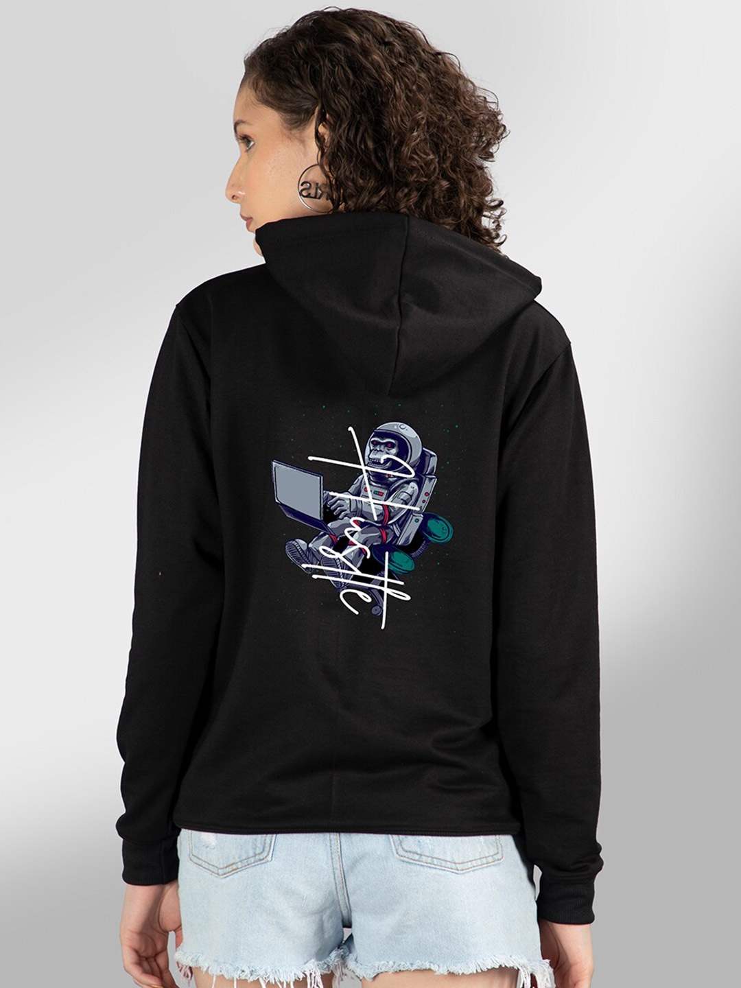 

Mad Over Print Women Black Printed Hooded Sweatshirt