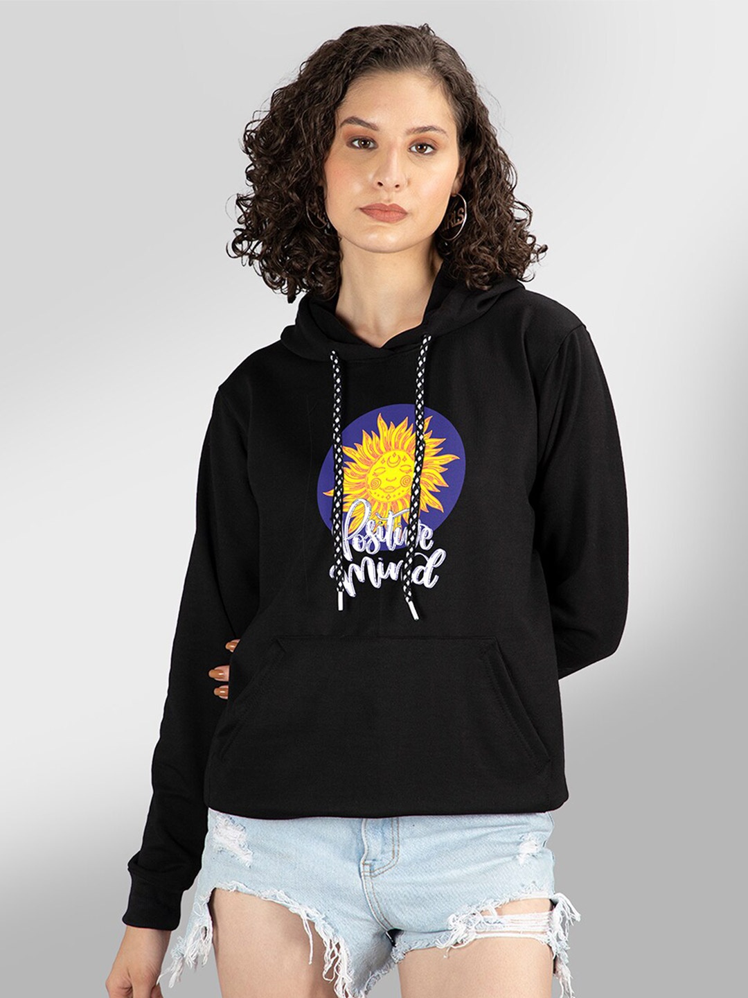 

Mad Over Print Women Black Printed Hooded Sweatshirt