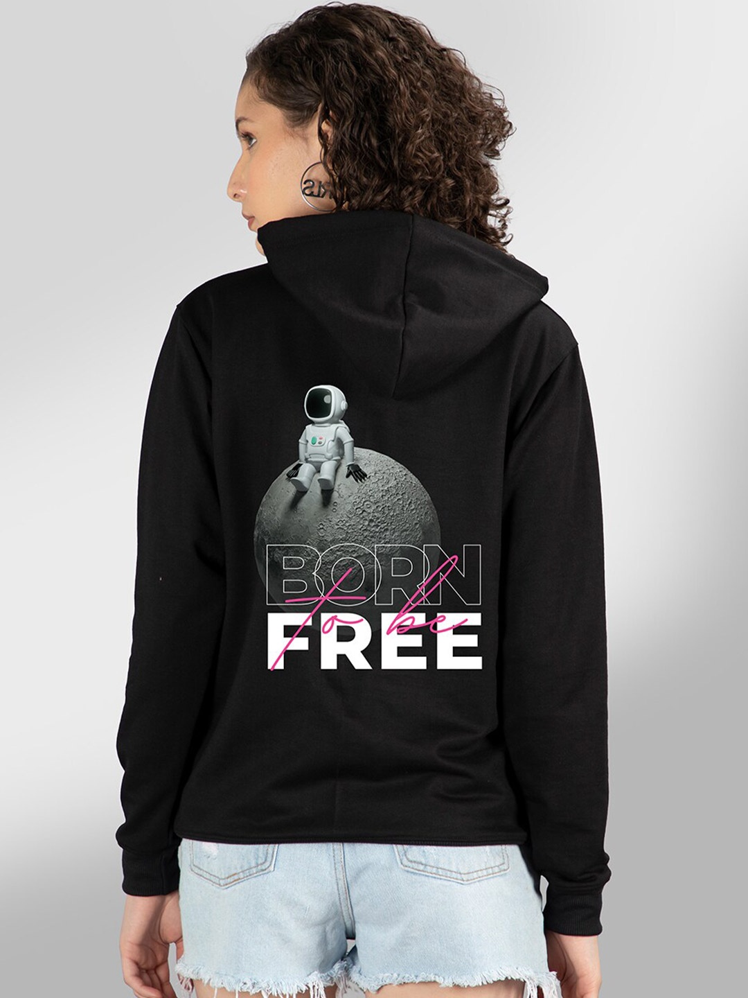 

Mad Over Print Women Black Printed Hooded Sweatshirt