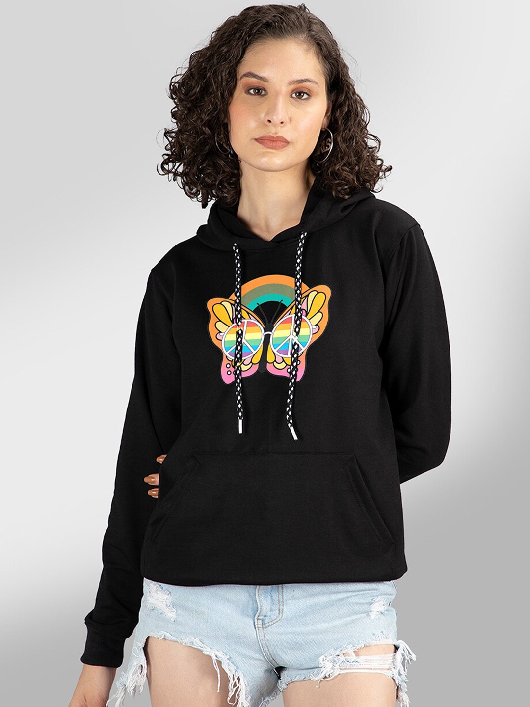 

Mad Over Print Women Black Printed Hooded Sweatshirt